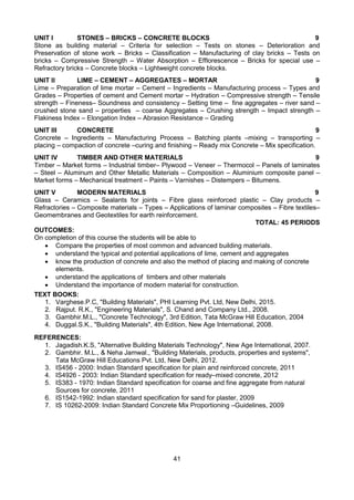 41
UNIT I STONES – BRICKS – CONCRETE BLOCKS 9
Stone as building material – Criteria for selection – Tests on stones – Deterioration and
Preservation of stone work – Bricks – Classification – Manufacturing of clay bricks – Tests on
bricks – Compressive Strength – Water Absorption – Efflorescence – Bricks for special use –
Refractory bricks – Concrete blocks – Lightweight concrete blocks.
UNIT II LIME – CEMENT – AGGREGATES – MORTAR 9
Lime – Preparation of lime mortar – Cement – Ingredients – Manufacturing process – Types and
Grades – Properties of cement and Cement mortar – Hydration – Compressive strength – Tensile
strength – Fineness– Soundness and consistency – Setting time – fine aggregates – river sand –
crushed stone sand – properties – coarse Aggregates – Crushing strength – Impact strength –
Flakiness Index – Elongation Index – Abrasion Resistance – Grading
UNIT III CONCRETE 9
Concrete – Ingredients – Manufacturing Process – Batching plants –mixing – transporting –
placing – compaction of concrete –curing and finishing – Ready mix Concrete – Mix specification.
UNIT IV TIMBER AND OTHER MATERIALS 9
Timber – Market forms – Industrial timber– Plywood – Veneer – Thermocol – Panels of laminates
– Steel – Aluminum and Other Metallic Materials – Composition – Aluminium composite panel –
Market forms – Mechanical treatment – Paints – Varnishes – Distempers – Bitumens.
UNIT V MODERN MATERIALS 9
Glass – Ceramics – Sealants for joints – Fibre glass reinforced plastic – Clay products –
Refractories – Composite materials – Types – Applications of laminar composites – Fibre textiles–
Geomembranes and Geotextiles for earth reinforcement.
TOTAL: 45 PERIODS
OUTCOMES:
On completion of this course the students will be able to
 Compare the properties of most common and advanced building materials.
 understand the typical and potential applications of lime, cement and aggregates
 know the production of concrete and also the method of placing and making of concrete
elements.
 understand the applications of timbers and other materials
 Understand the importance of modern material for construction.
TEXT BOOKS:
1. Varghese.P.C, "Building Materials", PHI Learning Pvt. Ltd, New Delhi, 2015.
2. Rajput. R.K., "Engineering Materials", S. Chand and Company Ltd., 2008.
3. Gambhir.M.L., "Concrete Technology", 3rd Edition, Tata McGraw Hill Education, 2004
4. Duggal.S.K., "Building Materials", 4th Edition, New Age International, 2008.
REFERENCES:
1. Jagadish.K.S, "Alternative Building Materials Technology", New Age International, 2007.
2. Gambhir. M.L., & Neha Jamwal., "Building Materials, products, properties and systems",
Tata McGraw Hill Educations Pvt. Ltd, New Delhi, 2012.
3. IS456 - 2000: Indian Standard specification for plain and reinforced concrete, 2011
4. IS4926 - 2003: Indian Standard specification for ready–mixed concrete, 2012
5. IS383 - 1970: Indian Standard specification for coarse and fine aggregate from natural
Sources for concrete, 2011
6. IS1542-1992: Indian standard specification for sand for plaster, 2009
7. IS 10262-2009: Indian Standard Concrete Mix Proportioning –Guidelines, 2009
 