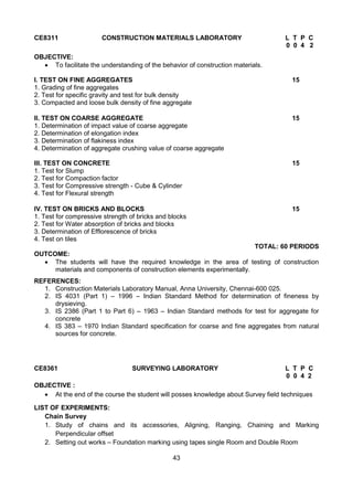 43
CE8311 CONSTRUCTION MATERIALS LABORATORY L T P C
0 0 4 2
OBJECTIVE:
 To facilitate the understanding of the behavior of construction materials.
I. TEST ON FINE AGGREGATES 15
1. Grading of fine aggregates
2. Test for specific gravity and test for bulk density
3. Compacted and loose bulk density of fine aggregate
II. TEST ON COARSE AGGREGATE 15
1. Determination of impact value of coarse aggregate
2. Determination of elongation index
3. Determination of flakiness index
4. Determination of aggregate crushing value of coarse aggregate
III. TEST ON CONCRETE 15
1. Test for Slump
2. Test for Compaction factor
3. Test for Compressive strength - Cube & Cylinder
4. Test for Flexural strength
IV. TEST ON BRICKS AND BLOCKS 15
1. Test for compressive strength of bricks and blocks
2. Test for Water absorption of bricks and blocks
3. Determination of Efflorescence of bricks
4. Test on tiles
TOTAL: 60 PERIODS
OUTCOME:
 The students will have the required knowledge in the area of testing of construction
materials and components of construction elements experimentally.
REFERENCES:
1. Construction Materials Laboratory Manual, Anna University, Chennai-600 025.
2. IS 4031 (Part 1) – 1996 – Indian Standard Method for determination of fineness by
drysieving.
3. IS 2386 (Part 1 to Part 6) – 1963 – Indian Standard methods for test for aggregate for
concrete
4. IS 383 – 1970 Indian Standard specification for coarse and fine aggregates from natural
sources for concrete.
CE8361 SURVEYING LABORATORY L T P C
0 0 4 2
OBJECTIVE :
 At the end of the course the student will posses knowledge about Survey field techniques
LIST OF EXPERIMENTS:
Chain Survey
1. Study of chains and its accessories, Aligning, Ranging, Chaining and Marking
Perpendicular offset
2. Setting out works – Foundation marking using tapes single Room and Double Room
 