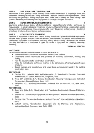 48
UNIT III SUB STRUCTURE CONSTRUCTION 9
Techniques of Box jacking – Pipe Jacking -under water construction of diaphragm walls and
basement-Tunneling techniques – Piling techniques - well and caisson - sinking cofferdam - cable
anchoring and grouting - driving diaphragm walls, sheet piles - shoring for deep cutting - well
points -Dewatering and stand by Plant equipment for underground open excavation.
UNIT IV SUPER STRUCTURE CONSTRUCTION 9
Launching girders, bridge decks, off shore platforms – special forms for shells - techniques for
heavy decks – in-situ pre-stressing in high rise structures, Material handling - erecting light weight
components on tall structures - Support structure for heavy Equipment and conveyors - Erection of
articulated structures, braced domes and space decks.
UNIT V CONSTRUCTION EQUIPMENT 9
Selection of equipment for earth work - earth moving operations - types of earthwork equipment -
tractors, motor graders, scrapers, front end waders, earth movers – Equipment for foundation and
pile driving. Equipment for compaction, batching, mixing and concreting - Equipment for material
handling and erection of structures – types of cranes - Equipment for dredging, trenching,
tunneling,
TOTAL: 45 PERIODS
OUTCOMES:
On successful completion of this course, students will be able to:
 know the different construction techniques and structural systems
 Understand various techniques and practices on masonry construction, flooring, and
roofing.
 Plan the requirements for substructure construction.
 Know the methods and techniques involved in the construction of various types of super
structures
 Select, maintain and operate hand and power tools and equipment used in the building
construction sites.
TEXTBOOKS :
1. Peurifoy, R.L., Ledbetter, W.B. and Schexnayder, C., "Construction Planning, Equipment
and Methods", 5th
Edition, McGraw Hill, Singapore, 1995.
2. Arora S.P. and Bindra S.P., "Building Construction, Planning Techniques and Method of
Construction", Dhanpat Rai and Sons, 1997.
3. Varghese, P.C. "Building construction", Prentice Hall of India Pvt. Ltd, New Delhi,
2007.
REFERENCES:
1. Jha J and Sinha S.K., "Construction and Foundation Engineering", Khanna Publishers,
1999.
2. Sharma S.C. “Construction Equipment and Management”, Khanna Publishers New Delhi,
2002.
3. Deodhar, S.V. “Construction Equipment and Job Planning”, Khanna Publishers, New Delhi,
2012.
4. Mahesh Varma, “Construction Equipment and its Planning and Application”,
Metropolitan Book Company, New Delhi, 1983.
 