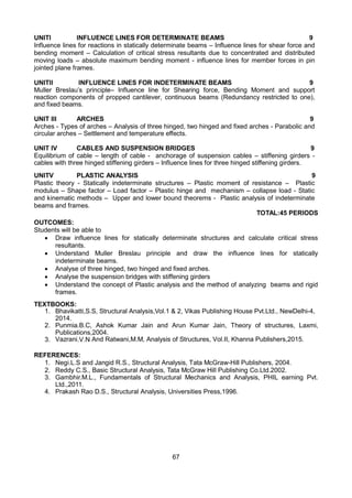 67
UNITI INFLUENCE LINES FOR DETERMINATE BEAMS 9
Influence lines for reactions in statically determinate beams – Influence lines for shear force and
bending moment – Calculation of critical stress resultants due to concentrated and distributed
moving loads – absolute maximum bending moment - influence lines for member forces in pin
jointed plane frames.
UNITII INFLUENCE LINES FOR INDETERMINATE BEAMS 9
Muller Breslau’s principle– Influence line for Shearing force, Bending Moment and support
reaction components of propped cantilever, continuous beams (Redundancy restricted to one),
and fixed beams.
UNIT III ARCHES 9
Arches - Types of arches – Analysis of three hinged, two hinged and fixed arches - Parabolic and
circular arches – Settlement and temperature effects.
UNIT IV CABLES AND SUSPENSION BRIDGES 9
Equilibrium of cable – length of cable - anchorage of suspension cables – stiffening girders -
cables with three hinged stiffening girders – Influence lines for three hinged stiffening girders.
UNITV PLASTIC ANALYSIS 9
Plastic theory - Statically indeterminate structures – Plastic moment of resistance – Plastic
modulus – Shape factor – Load factor – Plastic hinge and mechanism – collapse load - Static
and kinematic methods – Upper and lower bound theorems - Plastic analysis of indeterminate
beams and frames.
TOTAL:45 PERIODS
OUTCOMES:
Students will be able to
 Draw influence lines for statically determinate structures and calculate critical stress
resultants.
 Understand Muller Breslau principle and draw the influence lines for statically
indeterminate beams.
 Analyse of three hinged, two hinged and fixed arches.
 Analyse the suspension bridges with stiffening girders
 Understand the concept of Plastic analysis and the method of analyzing beams and rigid
frames.
TEXTBOOKS:
1. Bhavikatti,S.S, Structural Analysis,Vol.1 & 2, Vikas Publishing House Pvt.Ltd., NewDelhi-4,
2014.
2. Punmia.B.C, Ashok Kumar Jain and Arun Kumar Jain, Theory of structures, Laxmi,
Publications,2004.
3. Vazrani.V.N And Ratwani,M.M, Analysis of Structures, Vol.II, Khanna Publishers,2015.
.
REFERENCES:
1. Negi.L.S and Jangid R.S., Structural Analysis, Tata McGraw-Hill Publishers, 2004.
2. Reddy C.S., Basic Structural Analysis, Tata McGraw Hill Publishing Co.Ltd.2002.
3. Gambhir.M.L., Fundamentals of Structural Mechanics and Analysis, PHIL earning Pvt.
Ltd.,2011.
4. Prakash Rao D.S., Structural Analysis, Universities Press,1996.
 