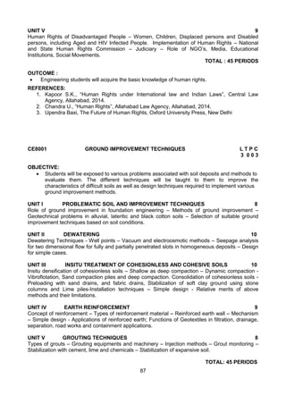 87
UNIT V 9
Human Rights of Disadvantaged People – Women, Children, Displaced persons and Disabled
persons, including Aged and HIV Infected People. Implementation of Human Rights – National
and State Human Rights Commission – Judiciary – Role of NGO’s, Media, Educational
Institutions, Social Movements.
TOTAL : 45 PERIODS
OUTCOME :
 Engineering students will acquire the basic knowledge of human rights.
REFERENCES:
1. Kapoor S.K., “Human Rights under International law and Indian Laws”, Central Law
Agency, Allahabad, 2014.
2. Chandra U., “Human Rights”, Allahabad Law Agency, Allahabad, 2014.
3. Upendra Baxi, The Future of Human Rights, Oxford University Press, New Delhi
CE8001 GROUND IMPROVEMENT TECHNIQUES L T P C
3 0 0 3
OBJECTIVE:
 Students will be exposed to various problems associated with soil deposits and methods to
evaluate them. The different techniques will be taught to them to improve the
characteristics of difficult soils as well as design techniques required to implement various
ground improvement methods.
UNIT I PROBLEMATIC SOIL AND IMPROVEMENT TECHNIQUES 8
Role of ground improvement in foundation engineering – Methods of ground improvement –
Geotechnical problems in alluvial, lateritic and black cotton soils – Selection of suitable ground
improvement techniques based on soil conditions.
UNIT II DEWATERING 10
Dewatering Techniques - Well points – Vacuum and electroosmotic methods – Seepage analysis
for two dimensional flow for fully and partially penetrated slots in homogeneous deposits – Design
for simple cases.
UNIT III INSITU TREATMENT OF COHESIONLESS AND COHESIVE SOILS 10
Insitu densification of cohesionless soils – Shallow as deep compaction – Dynamic compaction -
Vibroflotation, Sand compaction piles and deep compaction. Consolidation of cohesionless soils -
Preloading with sand drains, and fabric drains, Stabilization of soft clay ground using stone
columns and Lime piles-Installation techniques – Simple design - Relative merits of above
methods and their limitations.
UNIT IV EARTH REINFORCEMENT 9
Concept of reinforcement – Types of reinforcement material – Reinforced earth wall – Mechanism
– Simple design - Applications of reinforced earth; Functions of Geotextiles in filtration, drainage,
separation, road works and containment applications.
UNIT V GROUTING TECHNIQUES 8
Types of grouts – Grouting equipments and machinery – Injection methods – Grout monitoring –
Stabilization with cement, lime and chemicals – Stabilization of expansive soil.
TOTAL: 45 PERIODS
 