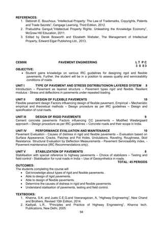94
REFERENCES:
1. Deborah E. Bouchoux, “Intellectual Property: The Law of Trademarks, Copyrights, Patents
and Trade Secrets”, Cengage Learning, Third Edition, 2012.
2. Prabuddha Ganguli,”Intellectual Property Rights: Unleashing the Knowledge Economy”,
McGraw Hill Education, 2011.
3. Edited by Derek Bosworth and Elizabeth Webster, The Management of Intellectual
Property, Edward Elgar Publishing Ltd., 2013.
CE8006 PAVEMENT ENGINEERING L T P C
3 0 0 3
OBJECTIVE:
 Student gains knowledge on various IRC guidelines for designing rigid and flexible
pavements. Further, the student will be in a position to assess quality and serviceability
conditions of roads.
UNIT I TYPE OF PAVEMENT AND STRESS DISTRIBUTIONON LAYERED SYSTEM 8
Introduction – Pavement as layered structure – Pavement types rigid and flexible. Resilient
modulus - Stress and deflections in pavements under repeated loading.
UNIT II DESIGN OF FLEXIBLE PAVEMENTS 10
Flexible pavement design Factors influencing design of flexible pavement, Empirical – Mechanistic
empirical and theoretical methods – Design procedure as per IRC guidelines – Design and
specification of rural roads.
UNIT III DESIGN OF RIGID PAVEMENTS 9
Cement concrete pavements Factors influencing CC pavements – Modified Westergaard
approach – Design procedure as per IRC guidelines – Concrete roads and their scope in India.
UNIT IV PERFORMANCE EVALUATION AND MAINTENANCE 10
Pavement Evaluation - Causes of distress in rigid and flexible pavements – Evaluation based on
Surface Appearance, Cracks, Patches and Pot Holes, Undulations, Raveling, Roughness, Skid
Resistance. Structural Evaluation by Deflection Measurements - Pavement Serviceability index, -
Pavement maintenance (IRC Recommendations only).
UNIT V STABILIZATION OF PAVEMENTS 8
Stabilisation with special reference to highway pavements – Choice of stabilizers – Testing and
field control - Stabilisation for rural roads in India – Use of Geosynthetics in roads.
TOTAL: 45 PERIODS
OUTCOMES:
The students completing the course will
 Get knowledge about types of rigid and flexible pavements.
 Able to design of rigid pavements.
 Able to design of flexible pavements.
 Determine the causes of distress in rigid and flexible pavements.
 Understand stailisation of pavements, testing and field control.
TEXTBOOKS:
1. Khanna, S.K. and Justo C.E.G.and Veeraragavan, A, “Highway Engineering”, New Chand
and Brothers, Revised 10th Edition, 2014.
2. Kadiyali, L.R., “Principles and Practice of Highway Engineering”, Khanna tech.
Publications, New Delhi, 2005.
 