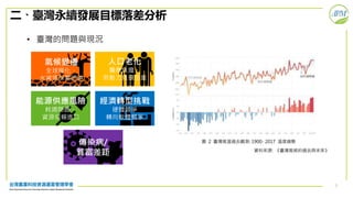 7
二、臺灣永續發展目標落差分析
• 臺灣的問題與現況
氣候變遷
全球暖化、
水資源供需困境
人口老化
醫療負擔、
勞動力負擔加重
能源供應風險
耗竭問題、
資源仰賴進口
經濟轉型挑戰
硬體競爭
轉向軟體競爭
傳染病/
貧富差距
 