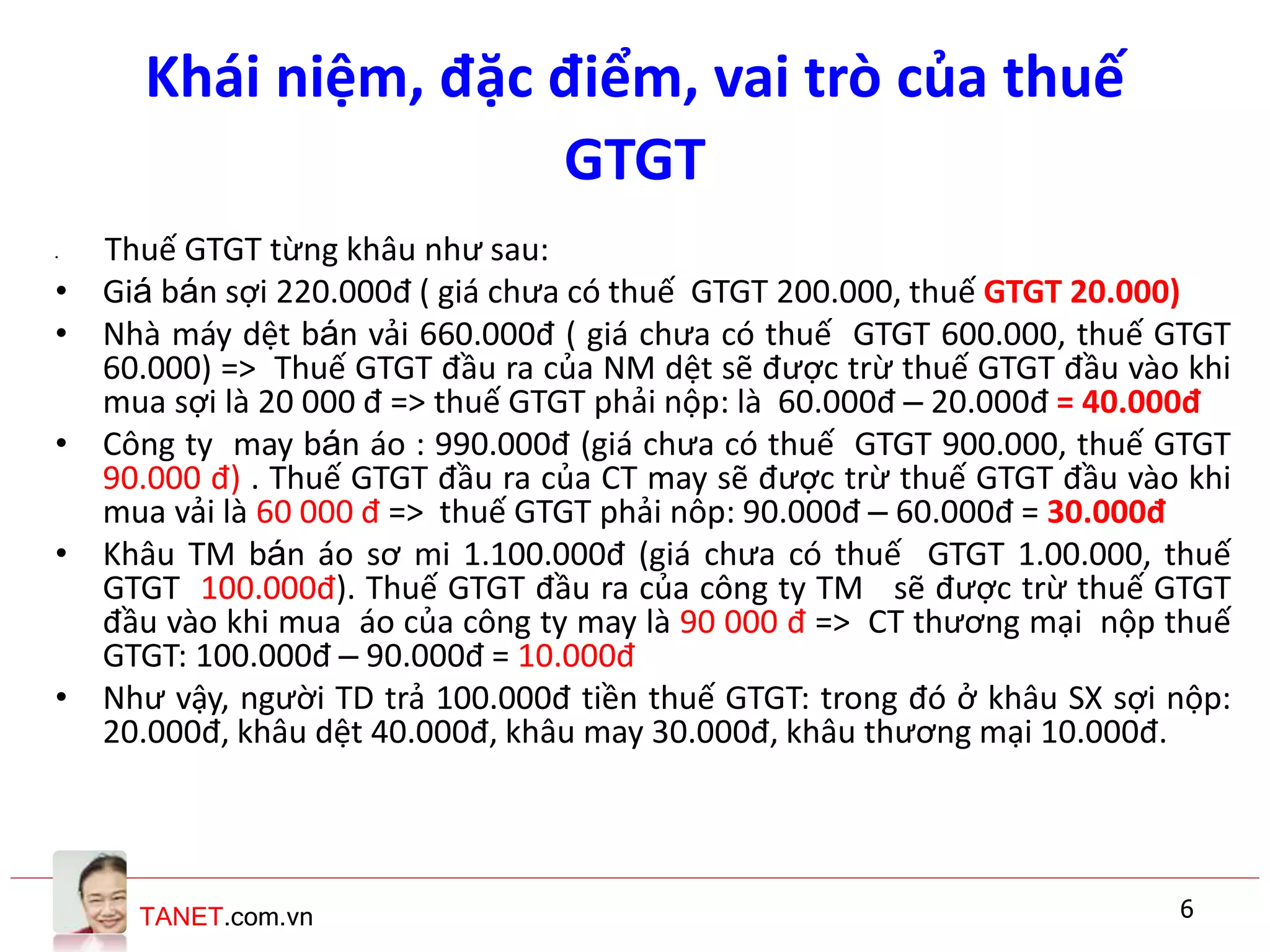 TANET.com.vn 6
• Thuế GTGT từng khâu như sau:
• Giá bán sợi 220.000đ ( giá chưa có thuế GTGT 200.000, thuế GTGT 20.000)
• Nhà máy dệt bán vải 660.000đ ( giá chưa có thuế GTGT 600.000, thuế GTGT
60.000) => Thuế GTGT đầu ra của NM dệt sẽ được trừ thuế GTGT đầu vào khi
mua sợi là 20 000 đ => thuế GTGT phải nộp: là 60.000đ – 20.000đ = 40.000đ
• Công ty may bán áo : 990.000đ (giá chưa có thuế GTGT 900.000, thuế GTGT
90.000 đ) . Thuế GTGT đầu ra của CT may sẽ được trừ thuế GTGT đầu vào khi
mua vải là 60 000 đ => thuế GTGT phải nôp: 90.000đ – 60.000đ = 30.000đ
• Khâu TM bán áo sơ mi 1.100.000đ (giá chưa có thuế GTGT 1.00.000, thuế
GTGT 100.000đ). Thuế GTGT đầu ra của công ty TM sẽ được trừ thuế GTGT
đầu vào khi mua áo của công ty may là 90 000 đ => CT thương mại nộp thuế
GTGT: 100.000đ – 90.000đ = 10.000đ
• Như vậy, người TD trả 100.000đ tiền thuế GTGT: trong đó ở khâu SX sợi nộp:
20.000đ, khâu dệt 40.000đ, khâu may 30.000đ, khâu thương mại 10.000đ.
Khái niệm, đặc điểm, vai trò của thuế
GTGT
 