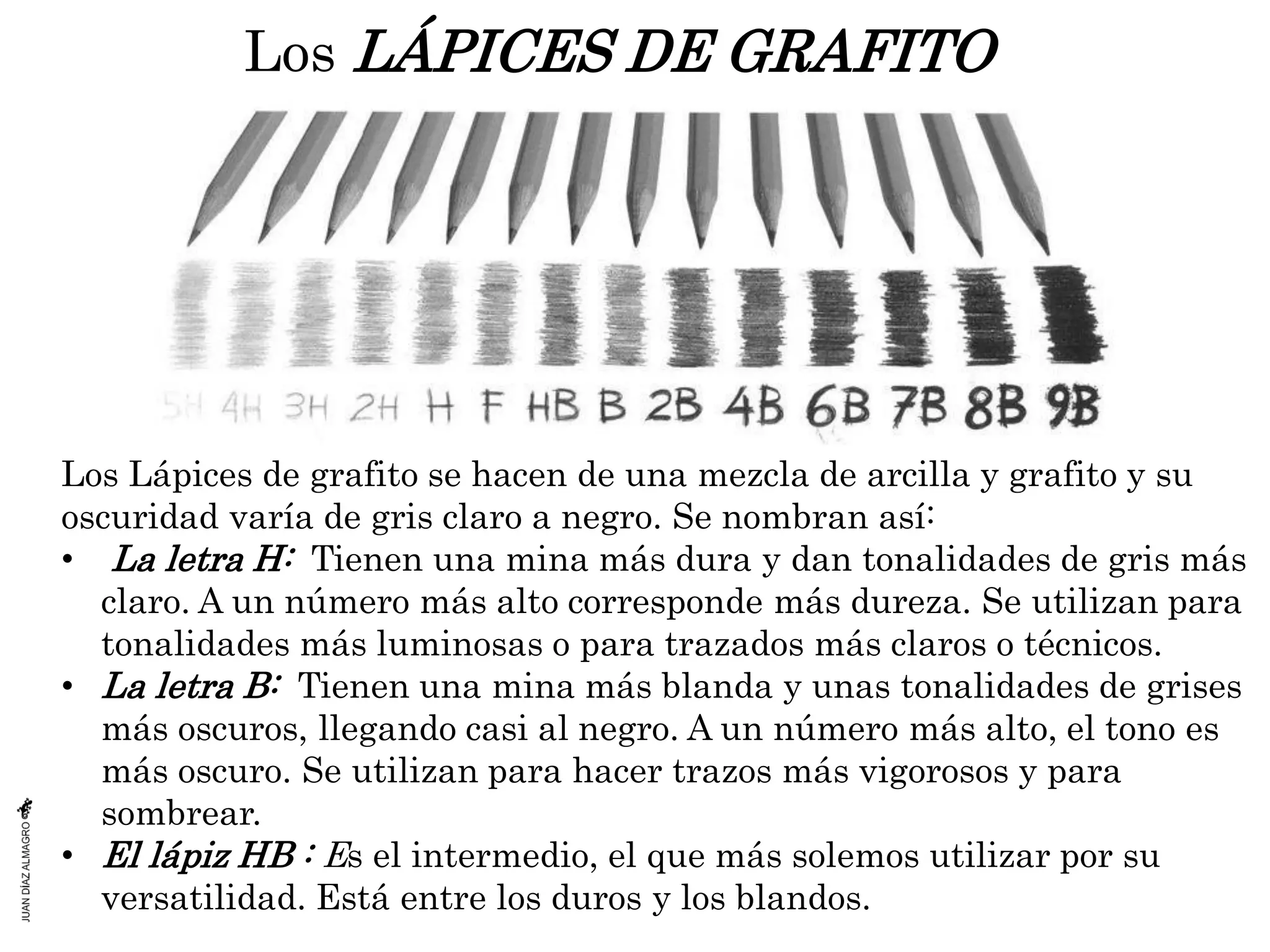 Los LÁPICES DE GRAFITO
Los Lápices de grafito se hacen de una mezcla de arcilla y grafito y su
oscuridad varía de gris claro a negro. Se nombran así:
• La letra H: Tienen una mina más dura y dan tonalidades de gris más
claro. A un número más alto corresponde más dureza. Se utilizan para
tonalidades más luminosas o para trazados más claros o técnicos.
• La letra B: Tienen una mina más blanda y unas tonalidades de grises
más oscuros, llegando casi al negro. A un número más alto, el tono es
más oscuro. Se utilizan para hacer trazos más vigorosos y para
sombrear.
• El lápiz HB : Es el intermedio, el que más solemos utilizar por su
versatilidad. Está entre los duros y los blandos.
 