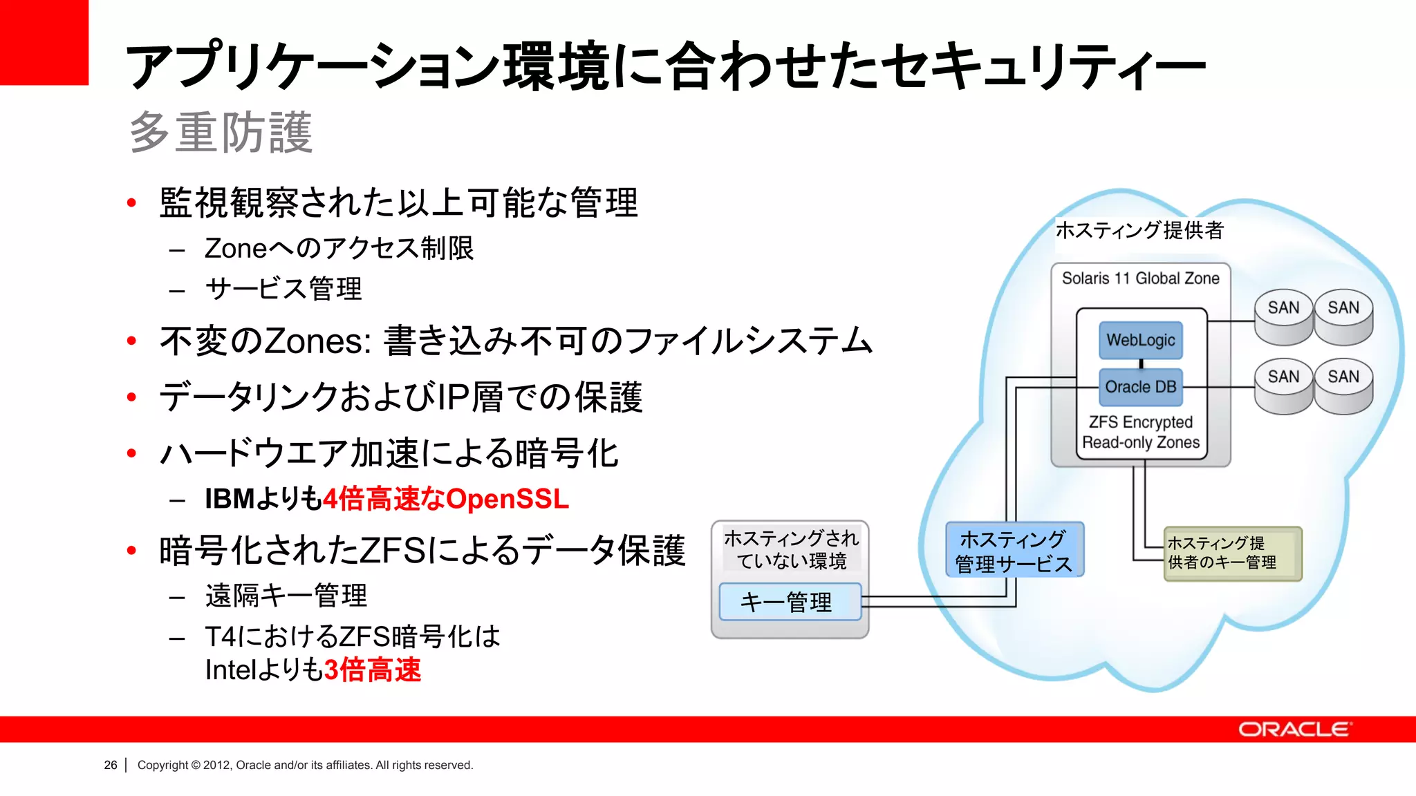 アプリケーション環境に合わせたセキュリティー
     多重防護
     • 監視観察された以上可能な管理
                                                                                                ホスティング提供者
               – Zoneへのアクセス制限
               – サービス管理
     • 不変のZones: 書き込み不可のファイルシステム
     • データリンクおよびIP層での保護
     • ハードウエア加速による暗号化
               – IBMよりも4倍高速なOpenSSL
                                                                                ホスティングされ   ホスティング
     • 暗号化されたZFSによるデータ保護                                                         ていない環境    管理サービス
                                                                                                     ホスティング提
                                                                                                     供者のキー管理

               – 遠隔キー管理                                                         キー管理
               – T4におけるZFS暗号化は
                 Intelよりも3倍高速


26   |   Copyright © 2012, Oracle and/or its affiliates. All rights reserved.
 