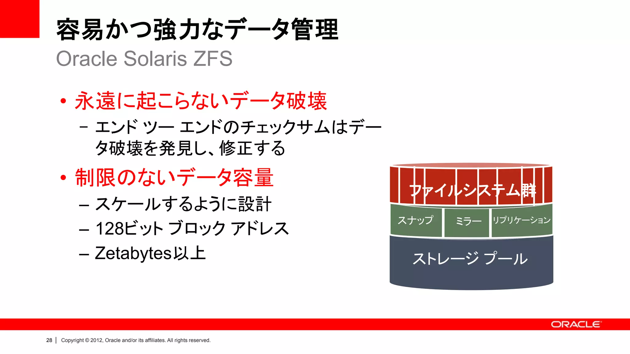 容易かつ強力なデータ管理
     Oracle Solaris ZFS

         • 永遠に起こらないデータ破壊
                 - エンド ツー エンドのチェックサムはデー
                   タ破壊を発見し、修正する
         • 制限のないデータ容量
                                                                                 ファイルシステム群
                 – スケールするように設計
                                                                                スナップ   ミラー   リプリケーション
                 – 128ビット ブロック アドレス
                 – Zetabytes以上                                                   ストレージ プール



28   |   Copyright © 2012, Oracle and/or its affiliates. All rights reserved.
 