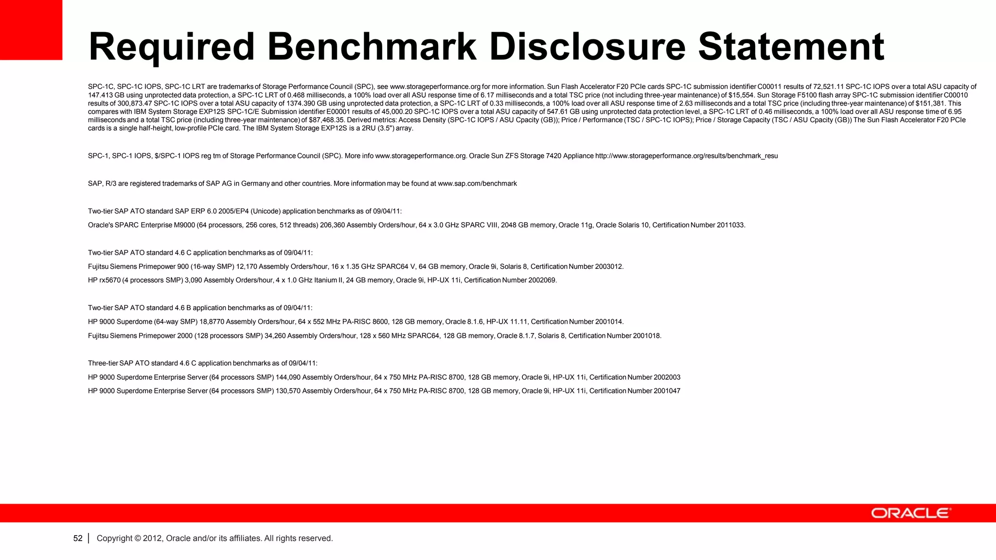 Required Benchmark Disclosure Statement
     SPC-1C, SPC-1C IOPS, SPC-1C LRT are trademarks of Storage Performance Council (SPC), see www.storageperformance.org for more information. Sun Flash Accelerator F20 PCIe cards SPC-1C submission identifier C00011 results of 72,521.11 SPC-1C IOPS over a total ASU capacity of
     147.413 GB using unprotected data protection, a SPC-1C LRT of 0.468 milliseconds, a 100% load over all ASU response time of 6.17 milliseconds and a total TSC price (not including three-year maintenance) of $15,554. Sun Storage F5100 flash array SPC-1C submission identifier C00010
     results of 300,873.47 SPC-1C IOPS over a total ASU capacity of 1374.390 GB using unprotected data protection, a SPC-1C LRT of 0.33 milliseconds, a 100% load over all ASU response time of 2.63 milliseconds and a total TSC price (including three-year maintenance) of $151,381. This
     compares with IBM System Storage EXP12S SPC-1C/E Submission identifier E00001 results of 45,000.20 SPC-1C IOPS over a total ASU capacity of 547.61 GB using unprotected data protection level, a SPC-1C LRT of 0.46 milliseconds, a 100% load over all ASU response time of 6.95
     milliseconds and a total TSC price (including three-year maintenance) of $87,468.35. Derived metrics: Access Density (SPC-1C IOPS / ASU Cpacity (GB)); Price / Performance (TSC / SPC-1C IOPS); Price / Storage Capacity (TSC / ASU Cpacity (GB)) The Sun Flash Accelerator F20 PCIe
     cards is a single half-height, low-profile PCIe card. The IBM System Storage EXP12S is a 2RU (3.5") array.


     SPC-1, SPC-1 IOPS, $/SPC-1 IOPS reg tm of Storage Performance Council (SPC). More info www.storageperformance.org. Oracle Sun ZFS Storage 7420 Appliance http://www.storageperformance.org/results/benchmark_resu


     SAP, R/3 are registered trademarks of SAP AG in Germany and other countries. More information may be found at www.sap.com/benchmark


     Two-tier SAP ATO standard SAP ERP 6.0 2005/EP4 (Unicode) application benchmarks as of 09/04/11:
     Oracle's SPARC Enterprise M9000 (64 processors, 256 cores, 512 threads) 206,360 Assembly Orders/hour, 64 x 3.0 GHz SPARC VIII, 2048 GB memory, Oracle 11g, Oracle Solaris 10, Certification Number 2011033.


     Two-tier SAP ATO standard 4.6 C application benchmarks as of 09/04/11:
     Fujitsu Siemens Primepower 900 (16-way SMP) 12,170 Assembly Orders/hour, 16 x 1.35 GHz SPARC64 V, 64 GB memory, Oracle 9i, Solaris 8, Certification Number 2003012.
     HP rx5670 (4 processors SMP) 3,090 Assembly Orders/hour, 4 x 1.0 GHz Itanium II, 24 GB memory, Oracle 9i, HP-UX 11i, Certification Number 2002069.


     Two-tier SAP ATO standard 4.6 B application benchmarks as of 09/04/11:
     HP 9000 Superdome (64-way SMP) 18,8770 Assembly Orders/hour, 64 x 552 MHz PA-RISC 8600, 128 GB memory, Oracle 8.1.6, HP-UX 11.11, Certification Number 2001014.

     Fujitsu Siemens Primepower 2000 (128 processors SMP) 34,260 Assembly Orders/hour, 128 x 560 MHz SPARC64, 128 GB memory, Oracle 8.1.7, Solaris 8, Certification Number 2001018.


     Three-tier SAP ATO standard 4.6 C application benchmarks as of 09/04/11:
     HP 9000 Superdome Enterprise Server (64 processors SMP) 144,090 Assembly Orders/hour, 64 x 750 MHz PA-RISC 8700, 128 GB memory, Oracle 9i, HP-UX 11i, Certification Number 2002003
     HP 9000 Superdome Enterprise Server (64 processors SMP) 130,570 Assembly Orders/hour, 64 x 750 MHz PA-RISC 8700, 128 GB memory, Oracle 9i, HP-UX 11i, Certification Number 2001047




52   |   Copyright © 2012, Oracle and/or its affiliates. All rights reserved.
 