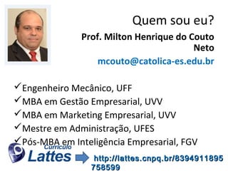 Quem sou eu?
Prof. Milton Henrique do Couto
Neto
mcouto@catolica-es.edu.br
Engenheiro Mecânico, UFF
MBA em Gestão Empresarial, UVV
MBA em Marketing Empresarial, UVV
Mestre em Administração, UFES
Pós-MBA em Inteligência Empresarial, FGV
  http://lattes.cnpq.br/8394911895
758599

 