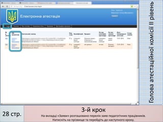 3-й крок
На вкладці «Заяви» розташовано перелік заяв педагогічних працівників.
Натисніть на прізвище та перейдіть до наступного кроку.
28 стр.
ГоловаатестаційноїкомісіїІІрівень
 