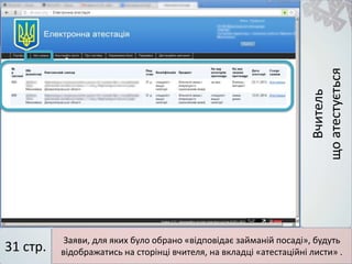 Заяви, для яких було обрано «відповідає займаній посаді», будуть
відображатись на сторінці вчителя, на вкладці «атестаційні листи» .31 стр.
Вчитель
щоатестується
 