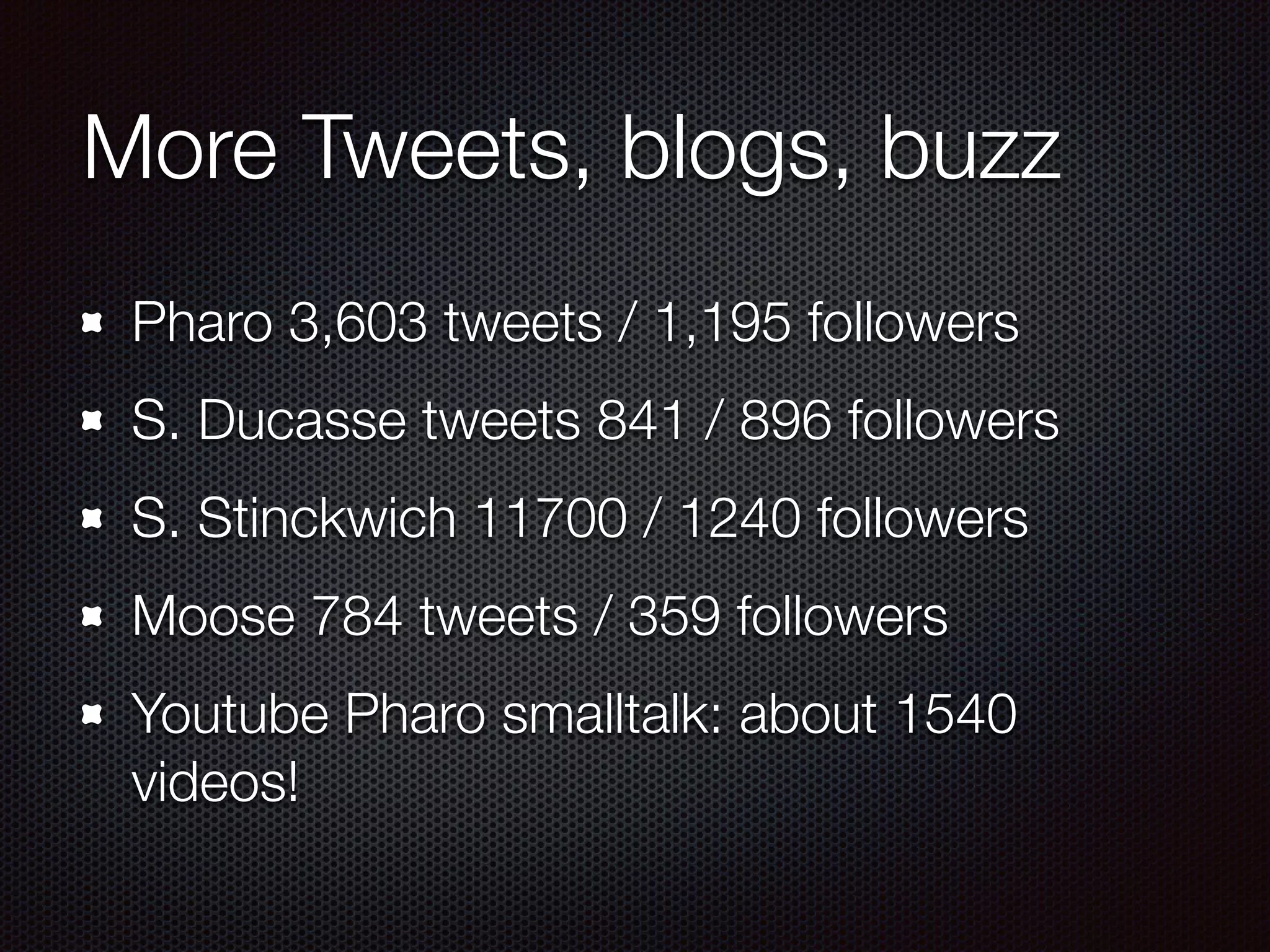 More Tweets, blogs, buzz
Pharo 3,603 tweets / 1,195 followers
S. Ducasse tweets 841 / 896 followers
S. Stinckwich 11700 / 1240 followers
Moose 784 tweets / 359 followers
Youtube Pharo smalltalk: about 1540
videos!
 