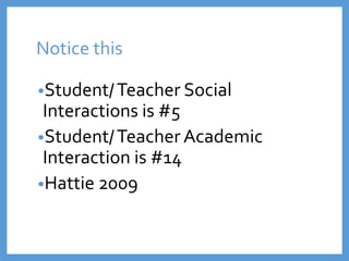Notice this
•Student/Teacher Social
Interactions is #5
•Student/Teacher Academic
Interaction is #14
•Hattie 2009
 