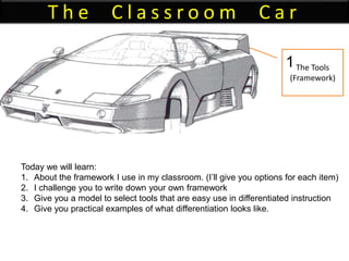T h e C l a s s r o o m C a r
The Tools
(Framework)
1
Today we will learn:
1. About the framework I use in my classroom. (I’ll give you options for each item)
2. I challenge you to write down your own framework
3. Give you a model to select tools that are easy use in differentiated instruction
4. Give you practical examples of what differentiation looks like.
 