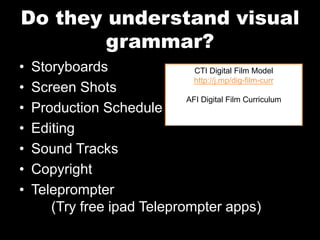 Do they understand visual
grammar?
• Storyboards
• Screen Shots
• Production Schedule
• Editing
• Sound Tracks
• Copyright
• Teleprompter
(Try free ipad Teleprompter apps)
CTI Digital Film Model
http://j.mp/dig-film-curr
AFI Digital Film Curriculum
 