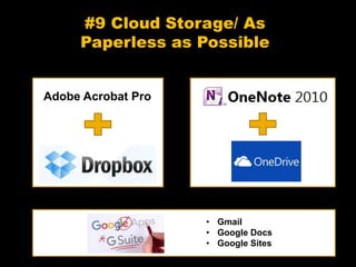 #9 Cloud Storage/ As
Paperless as Possible
Adobe Acrobat Pro
• Gmail
• Google Docs
• Google Sites
 