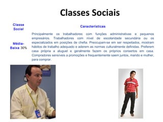 Classes Sociais
Classe
Social
Características
Média-
Baixa 30%
Principalmente os trabalhadores com funções administrativas e pequenos
empresários. Trabalhadores com nível de escolaridade secundária ou os
especializados em posições de chefia. Preocupam-se em ser respeitados, mostram
hábitos de trabalho adequado e aderem as normas culturalmente definidas. Preferem
casa própria a aluguel e geralmente fazem os próprios consertos em casa.
Compradores sensíveis a promoções e frequentemente saem juntos, marido e mulher,
para comprar.
 