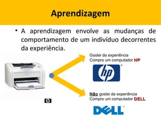 Aprendizagem
• A aprendizagem envolve as mudanças de
comportamento de um indivíduo decorrentes
da experiência.
Gostei da experiência
Compro um computador HPHP
NãoNão gostei da experiência
Compro um computador DELLDELL
 
