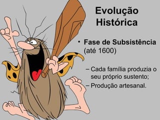 Evolução
Histórica
• Fase de Subsistência
(até 1600)
– Cada família produzia o
seu próprio sustento;
– Produção artesanal.
 