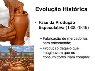 Evolução Histórica
• Fase da Produção
Especulativa (1800-1849)
– Fabricação de mercadorias
sem encomenda;
– Produção daquilo que
imaginavam que os
consumidores iriam comprar;
 