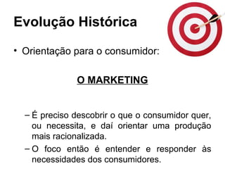 Evolução Histórica
• Orientação para o consumidor:
O MARKETING
– É preciso descobrir o que o consumidor quer,
ou necessita, e daí orientar uma produção
mais racionalizada.
– O foco então é entender e responder às
necessidades dos consumidores.
 