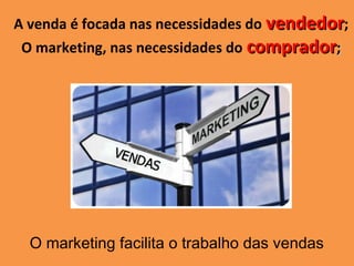 A venda é focada nas necessidades do vendedorvendedor;
O marketing, nas necessidades do compradorcomprador;;
O marketing facilita o trabalho das vendas
 