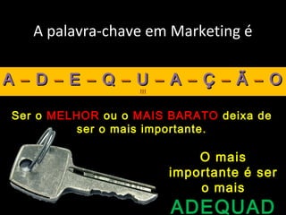A palavra-chave em Marketing é
AA –– DD –– EE –– QQ –– UU –– AA –– ÇÇ –– ÃÃ –– OO
!!!!!!
Ser o MELHORMELHOR ou o MAIS BARATOMAIS BARATO deixa de
ser o mais importante.
O mais
importante é ser
o mais
ADEQUADADEQUAD
 