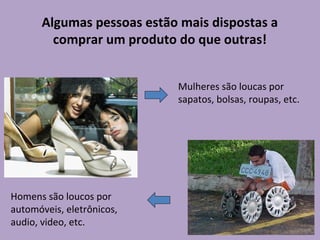 Algumas pessoas estão mais dispostas a
comprar um produto do que outras!
Mulheres são loucas por
sapatos, bolsas, roupas, etc.
Homens são loucos por
automóveis, eletrônicos,
audio, video, etc.
 