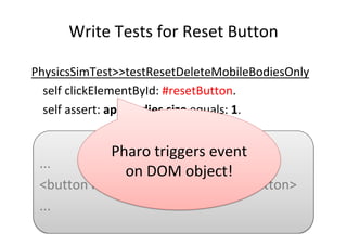 Write	Tests	for	Reset	Button	
PhysicsSimTest>>testResetDeleteMobileBodiesOnly	
	self	clickElementById:	#resetButton.	
	sel...