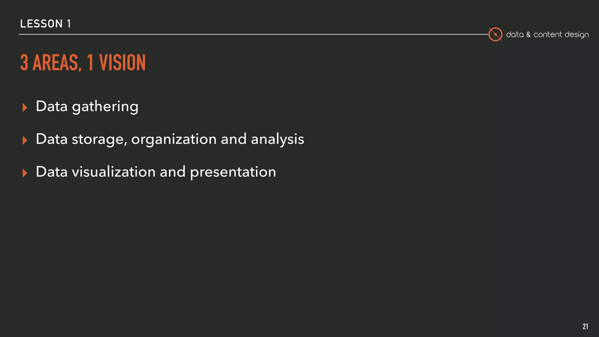 data & content design
LESSON 1
3 AREAS, 1 VISION
▸ Data gathering
▸ Data storage, organization and analysis
▸ Data visualization and presentation
21
 
