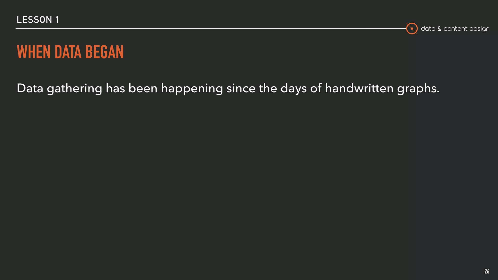data & content design
LESSON 1
WHEN DATA BEGAN
Data gathering has been happening since the days of handwritten graphs.
26
 