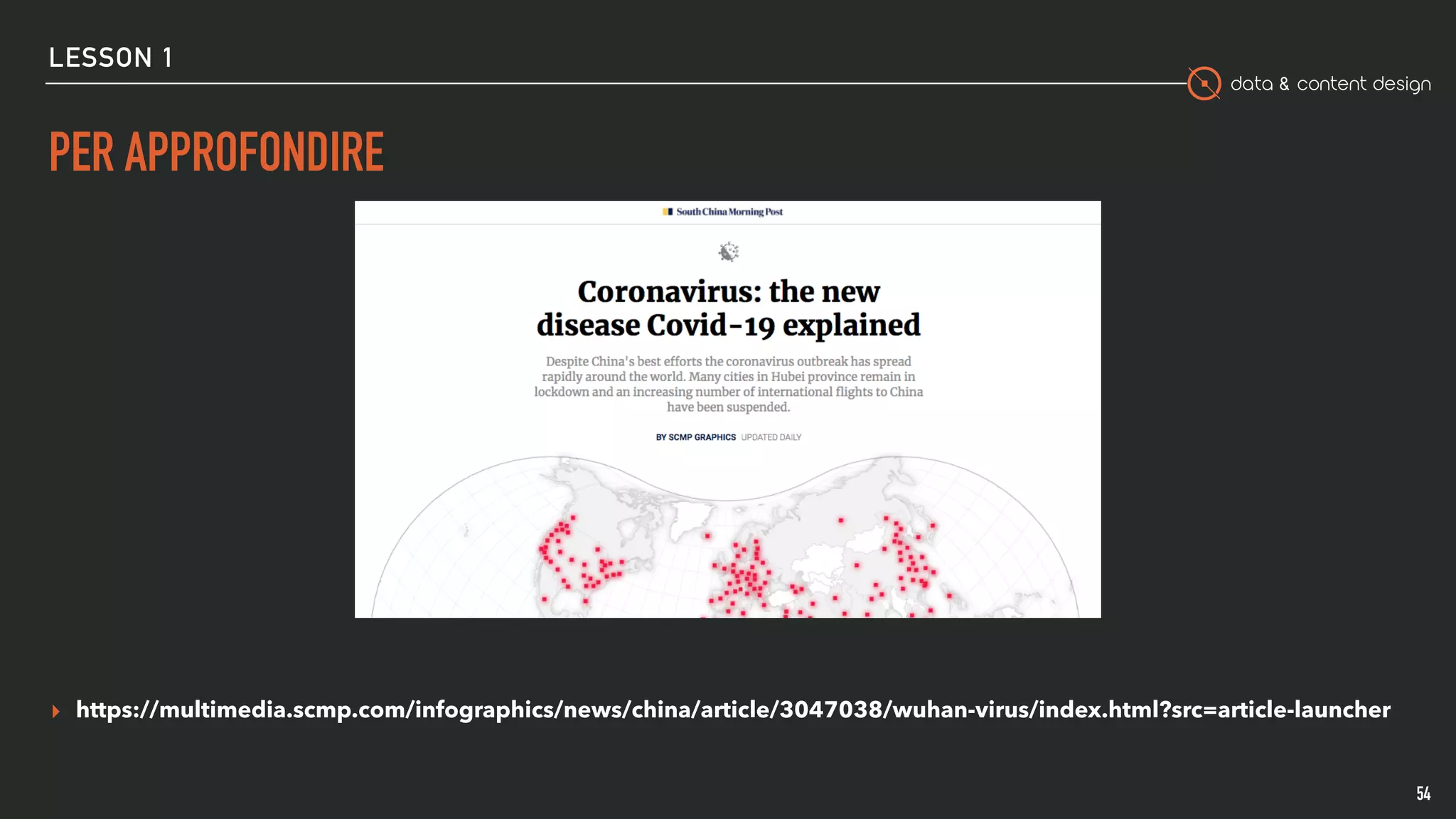 data & content design
LESSON 1
PER APPROFONDIRE
▸ https://multimedia.scmp.com/infographics/news/china/article/3047038/wuhan-virus/index.html?src=article-launcher
54
 