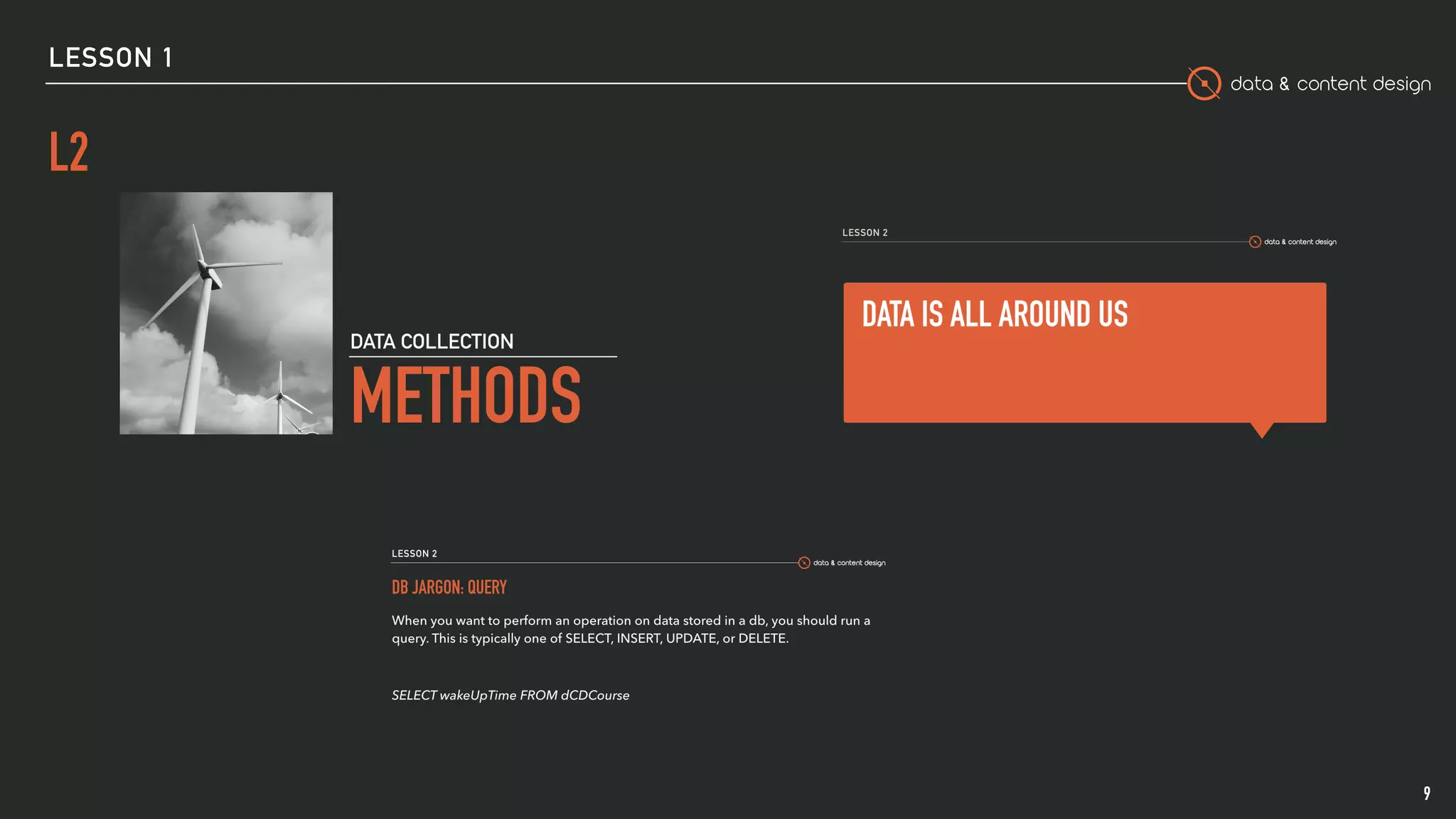 data & content design
LESSON 1
L2
9
 