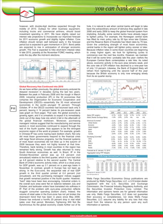 however,  with  double-digit  declines  expected  through  the 
middle  of  2010.  Outlays  for  other  business  equipment, 
including  trucks  and  commercial  airliners,  should  boost 
investment  spending  in  2011.  We  have  slightly  raised  our 
interest  rate  projections  to  incorporate  our  improved  forecast 
for  2011  economic  growth  and  slightly  higher  inflation.  Core 
inflation  should  remain  well  behaved  early  in  the  forecast 
period but is expected to gain momentum in 2011. Bond yields 
are  expected  to  rise  in  anticipation  of  stronger  economic 
growth. The Fed is expected to hike short-term interest rates 
in late 2010, possibly at the November FOMC meeting, which 
ends the day after the mid-term elections.
Real Final Sales
Bars = CAGR

Real Equipment & Software Investment
Bars = CAGR

Line = Yr/Yr percent Change

8.0%

8.0%

6.0%

6.0%

Line = Yr/Yr percent Change

20.0%

20.0%

10.0%

10.0%

4.0%

4.0%
Forecast

Forecast

0.0%

0.0%

2.0%

2.0%

0.0%

0.0%

-10.0%

-10.0%

-2.0%

-2.0%

-20.0%

-20.0%

-4.0%

-4.0%

-6.0%

-6.0%

-30.0%

Real Final Sales - CAGR:Q3@ 1.5%
Real Final Sales - Yr/Yr Percent Change: Q3 @ -1.7%

-8.0%

-10.0%

-10.0%
2000

2002

2004

2006

2008

-30.0%

-40.0%

Equip & Software Invest - CAGR:Q3@ 1.5%
Equip & Software Invest - - Yr/Yr Percent Change: Q3 @ -17.9%

-8.0%
-50.0%

2010

-40.0%

hole, it is natural to ask when central banks will begin to take 
back the extraordinary amount of stimulus they applied in late 
2008 and early 2009 to keep the global financial system from 
imploding. Actually,  some  central  banks  have  already  begun 
to  tighten  policy.  For  example,  the  Norwegian  central  bank 
has  lifted  its  main  policy  rate  by  50  bps  since  late  October, 
and the Reserve Bank of Australia has hiked rates by 75 bps. 
Given  the  underlying  strength  of  most  Asian  economies, 
central  banks  in  the  region  will  tighten  policy  sooner  or  later. 
Because inflation rates in some Asian countries are beginning 
to  creep  higher  again,  we  look  for  tightening  cycles  to 
commence  over  the  next  few  months.  However,  we  maintain 
that it will be some time—probably late this year—before the 
European  Central  Bank  contemplates  a  rate  hike.  As  noted 
above, economic activity in the euro area remains weak, and 
the  core  rate  of  CPI  inflation  has  declined  to  a  nine-year  low 
of  only  1.0  percent.  Likewise,  the  Bank  of  England  likely  will 
refrain  from  tightening  until  the  second  half  of  the  year 
because  the  British  economy  is  only  now  emerging  slowly 
from its six quarter slump.

-50.0%
2000

2002

2004

2006

2008

Chinese Industrial Production Index

2010

Euro-Zone Retail Sales

Year-over-Year Percent Change of 3-Month Moving Average

Source: U.S. Department of Commerce and Wells Fargo Securities, LLC

P-11

Global Recovery Has Continued into 2010 
As we have written previously, the global economy endured its 
deepest  recession  in  decades  during  the  last  two  years. 
Between the peak in February 2008 and the trough in March 
2009,  industrial  production  (IP)  in  the  30  economies  that 
comprise  the  Organization  for  Economic  Cooperation  and 
Development  (OECD)—essentially  the  30  most  advanced 
economies  in  the  world—plunged  18  percent.  Through 
October, IP in the OECD countries had bounced back only 5 
percent,  leaving  it  14  percent  below  its  pre-recession  peak 
(see  graph  on  front  page).  That  said,  the  global  economy  is 
growing again, and it is unrealistic to expect it to immediately 
climb out of the deep hole into which it fell in the aftermath of 
the  global  financial  meltdown.  Moreover,  purchasing 
managers’ indices suggest that the manufacturing and service 
sectors  in  most  economies  continued  to  expand  through  the 
rest  of  the  fourth  quarter.  Asia  appears  to  be  the  strongest 
economic region of the world at present. For example, growth 
in Chinese IP has come roaring back (bottom chart). Not only 
did  most  Asian  governments  respond  to  the  financial  crisis 
with large fiscal stimulus programs, but the financial systems 
of  most  Asian  economies  did  not  blow  up  in  the  autumn  of 
2008  because  they  were  not  highly  levered  at  that  time. 
Therefore,  bank  lending  in  most  countries  in  the  region  has 
remained  fairly  strong.  Growth  has  also  returned  to  many 
South  American  economies  as  well.  In  Brazil,  IP  in  the 
October-November  period  was  up  3.8  percent  (not 
annualized) relative to the third quarter, which in turn had shot 
up  4.8  percent  relative  to  the  second  quarter.  The  Central 
Bank of Chile’s economic activity index, which is a close proxy 
for  GDP  growth,  was  up  3.1  percent  on  a  year-ago  basis  in 
November.  In  contrast,  growth  in  Europe  has  not  been  as 
strong.  In  the  Euro-zone,  the  sequential  rate  of  real  GDP 
growth  in  the  third  quarter  printed  at  0.4  percent  (not 
annualized),  and  the  purchasing  managers’  indices  suggest 
that  growth  remained  positive  in  the  fourth  quarter.  However, 
“hard”  data  have  been  less  encouraging.  Industrial  orders  in 
the  overall  euro  area  were  flat  on  balance  between  July  and 
October, and lackluster orders have translated into softness in 
IP.  Part  of  the  problem  with  euro-area  production  reflects 
sluggish  consumer  spending  (bottom  chart).  Indeed,  the 
volume of retail sales in the Euro-zone has not yet broken the 
downward  trend  that  has  been  in  place  since  May  2008. 
Greece  has  endured  a  horrific  20  percent  drop  in  real  retail 
sales  over  that  period.  Monetary  Tightening  Will  Not  Be 
Synchronous As  the  global  economy  crawls  further  out  of  its 

25%

Year-Over-Year percent Change
25%

20%

15%

6.0%

4.0%

4.0%

2.0%

20%

6.0%

2.0%

15%
0.0%

0.0%

-2.0%

10%

-2.0%

10%

05%

05%
Year-over-Year Industrial Production: Now @ 19.2%
3-Month Moving Average: Nov@ 16.4%

0%

0%
1999

2001

2003

2005

2007

-4.0%

-6.0%
1997

2009

-4.0%

Retail Sales, 3MMA of YoY : Now @ 4.0%
Retail Sales, YoY Nov@ 16.4%

-6.0%
1999

2001

2003

2005

2007

2009

Source: IHS Global Insight and Wells Fargo Securities, LLC

-0.7%
-1.9%

4.0%
2.8%

4.2%
3.0%

2.7%
n/a

4.1%
n/a

4.1%
n/a

-3.3%
-2.4%
-3.9%
-4.8%
-5.2%
0.4%
-2.6%

2.4%
2.7%
1.6%
1.7%
2.2%
5.2%
2.2%

2.6%
2.5%
2.6%
2.5%
1.6%
3.6%
2.8%

-0.3%
-0.3%
0.3%
2.1%
-1.3%
2.8%
0.3%

1.7%
2.3%
1.5%
2.5%
-0.6%
2.7%
2.3%

1.8%
2.1%
1.5%
2.0%
0.5%
2.9%
1.9%

2.4%
8.5%
7.0%
-6.9%
-0.9%
-7.3%

5.9%
9.4%
8.1%
2.8%
2.9%
3.0%

6.0%
9.0%
8.3%
3.1%
3.5%
4.1%

6.4%
-0.7%
11.1%
5.3%
4.9%
11.8%

6.9%
2.3%
10.3%
4.0%
4.8%
7.0%

6.9%
2.8%
7.7%
4.2%
4.8%
9.0%

Forecast as of: January 13, 2010
1Aggregated Using PPP Weights

0.30%
0.30%
0.70%
0.60%
0.50%

0.35%
0.30%
0.80%
0.65%
0.60%

0.55%
0.30%
1.00%
0.90%
1.00%

0.80%
0.30%
1.50%
1.45%
2.00%

1.50%
0.30%
0.70%
0.60%
0.50%

0.30%
0.30%
2.00%
2.20%
3.00%

3.80%
1.30%
3.30%
3.80%
3.50%

4.00%
1.35%
3.50%
3.90%
3.60%

4.20%
1.45%
3.90%
4.20%
4.00%

4.40%
1.55%
4.25%
4.50%
4.30%

4.50%
1.60%
4.40%
4.60%
4.40%

4.60%
1.70%
4.45%
4.75%
4.45%

Forecast as of: January 13, 2010

Wells  Fargo  Securities  Economics  Group  publications  are 
produced by Wells Fargo Securities, LLC, a U.S broker-dealer 
registered  with  the  U.S.  Securities  and  Exchange 
Commission, the Financial Industry Regulatory Authority, and 
the  Securities  Investor  Protection  Corp.  Limited.  The 
information  and  opinions  herein  are  for  general  information 
use  only.  Wells  Fargo  Securities,  LLC  does  not  guarantee 
their  accuracy  or  completeness,  nor  does  Wells  Fargo 
Securities,  LLC  assume  any  liability  for  any  loss  that  may 
result  from  the  reliance  by  any  person  upon  any  such 
information or opinions.

 