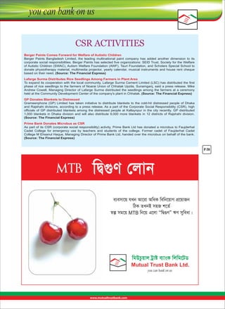CSR ACTIVITIES
Berger Paints Comes Forward for Welfare of Autistic Children 
Berger  Paints  Bangladesh  Limited,  the  leading  multinational  paint  company  has  added  another  dimension  to  its 
corporate social responsibilities. Berger Paints has selected five organizations: SEID Trust, Society for the Welfare 
of Autistic Children (SWAC), Autism Welfare Foundation (AWF), Tauri Foundation, and Scholars Special School to 
donate  physiotherapy  material,  multimedia  projector,  yearly  calendar,  musical  instruments  and  house  rent  cheque 
based on their need. (Source: The Financial Express)
Lafarge Surma Distributes Rice Seedlings Among Farmers in Plant Area 
To expand its cooperation with the local community, Lafarge Surma Cement Limited (LSC) has distributed the first 
phase of rice seedlings to the farmers of Noarai Union of Chhatak Upzila, Sunamganj, said a press release. Mike 
Andrew  Cowell,  Managing  Director  of  Lafarge  Surma  distributed  the  seedlings  among  the  farmers  at  a  ceremony 
held at the Community Development Center of the company's plant in Chhatak. (Source: The Financial Express)
GP Donates Blankets to Distressed
Grameenphone  (GP)  Limited  has  taken  initiative  to  distribute  blankets  to  the  cold-hit  distressed  people  of  Dhaka 
and Rajshahi divisions, according to a press release. As a part of the Corporate Social Responsibility (CSR), high 
officials  of  GP  distributed  blankets  among  the  distressed  people  at  Kallaynpur  in  the  city  recently.  GP  distributed 
1,000  blankets  in  Dhaka  division  and  will  also  distribute  9,000  more  blankets  in  12  districts  of  Rajshahi  division. 
(Source: The Financial Express)
Prime Bank Donates Microbus as CSR
As  part  of  its  CSR  (corporate  social  responsibility)  activity,  Prime  Bank  Ltd  has  donated  a  microbus  to  Faujderhat 
Cadet  College  for  emergency  use  by  teachers  and  students  of  the  college.  Former  cadet  of  Faujderhat  Cadet 
College M Ehsanul Haque, Managing Director of Prime Bank Ltd, handed over the microbus on behalf of the bank. 
(Source: The Financial Express)

P-20

KÆèe ßuJj
mqmxJP~ pUj IJPrJ IKiT KmKjP~JV k´P~Jj
KbT fUjA xy vPft
˝· xoP~ MTB KjP~ FPuJ ÈÈKÆèe" Ee xMKmiJÇ

 