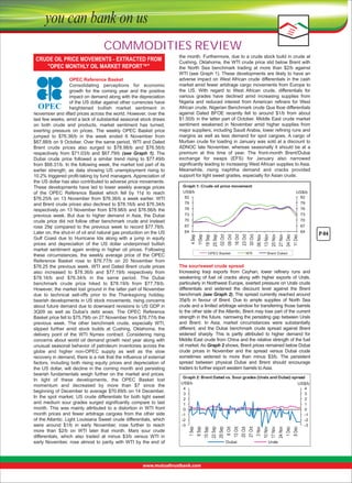 COMMODITIES REVIEW

11 Dec

04 Dec

27 Nov

20 Nov

13 Nov

30 Oct

06 Nov

23 Oct

16 Oct

09 Oct

02 Oct

25 Sep

18 Sep

4 Sep

11Sep

8 Dec

1 Dec

24 Nov

17 Nov

10 Nov

3 Nov

27 Oct

20 Oct

13 Oct

6 Oct

29 Sep

22 Sep

15 Sep

8 Sep

The sour/sweet crude spread
Increasing Iraqi exports from Ceyhan, lower refinery runs and
weakening of fuel oil cracks along with higher exports of Urals,
particularly in Northwest Europe, exerted pressure on Urals crude
differentials and widened the discount level against the Brent
benchmark (see Graph 2). The spread currently reached around
35¢/b in favour of Brent. Due to ample supplies of North Sea
crude and a limited arbitrage window for transferring those barrels
to the other side of the Atlantic, Brent may lose part of the current
strength in the future, narrowing the persisting gap between Urals
and Brent. In Asia, market circumstances were substantially
different, and the Dubai benchmark crude spread against Brent
widened sharply. This is partly attributed to higher demand for
Middle East crude from China and the relative strength of the fuel
oil market. As Graph 2 shows, Brent prices remained below Dubai
crude prices in November and the spread versus Dubai crude
sometimes widened to more than minus $3/b. The persistent
spread between physical Dubai and Brent should encourage
traders to further export western barrels to Asia.

1 Sep

OPEC Reference Basket
Consolidating perceptions for economic
growth for the coming year and the positive
impact on demand along with the depreciation
of the US dollar against other currencies have
heightened bullish market sentiment in
November and lifted prices across the world. However, over the
last few weeks, amid a lack of substantial seasonal stock draws
on both crude and products, market sentiment has turned,
exerting pressure on prices. The weekly OPEC Basket price
jumped to $76.36/b in the week ended 6 November from
$67.88/b on 9 October. Over the same period, WTI and Dated
Brent crude prices also surged to $78.98/b and $76.56/b
respectively from $71.03/b and $67.79/b (see Graph 1). The
Dubai crude price followed a similar trend rising to $77.49/b
from $68.31/b. In the following week, the market lost part of its
earlier strength, as data showing US unemployment rising to
10.2% triggered profit-taking by fund managers. Appreciation of
the US dollar has also contributed to adverse price movements.
These developments have led to lower weekly average prices
of the OPEC Reference Basket which fell by 11¢ to reach
$76.25/b on 13 November from $76.36/b a week earlier. WTI
and Brent crude prices also declined to $78.16/b and $76.34/b
respectively on 13 November from $78.98/b and $76.56/b the
previous week. But due to higher demand in Asia, the Dubai
crude price did not follow other benchmark crude and instead
rose 29¢ compared to the previous week to record $77.78/b.
Later on, the shut-in of oil and natural gas production on the US
Gulf Coast due to Hurricane Ida along with a jump in equity
prices and depreciation of the US dollar underpinned bullish
market sentiment again ending in higher oil prices. Following
these circumstances, the weekly average price of the OPEC
Reference Basket rose to $76.77/b on 20 November from
$76.25 the previous week. WTI and Dated Brent crude prices
also increased to $78.36/b and $77.19/b respectively from
$78.16/b and $76.34/b in the same period. The Dubai
benchmark crude price hiked to $78.19/b from $77.78/b.
However, the market lost ground in the latter part of November
due to technical sell-offs prior to the Thanksgiving holiday,
bearish developments in US stock movements, rising concerns
about future demand due to downward revisions to US GDP in
3Q09 as well as Dubai’s debt woes. The OPEC Reference
Basket price fell to $75.79/b on 27 November from $76.77/b the
previous week. The other benchmark crude, especially WTI,
slipped further amid stock builds at Cushing, Oklahoma, the
delivery point of the WTI Nymex contract. Considering rising
concerns about world oil demand growth next year along with
unusual seasonal behavior of petroleum inventories across the
globe and higher non-OPEC supply as well as the slow
recovery in demand, there is a risk that the influence of external
factors, including both rising equity prices and depreciation of
the US dollar, will decline in the coming month and persisting
bearish fundamentals weigh further on the market and prices.
In light of these developments, the OPEC Basket lost
momentum and decreased by more than $7 since the
beginning of December to average $70.69/b on 14 December.
In the spot market, US crude differentials for both light sweet
and medium sour grades surged significantly compare to last
month. This was mainly attributed to a distortion in WTI front
month prices and fewer arbitrage cargoes from the other side
of the Atlantic. Light Louisiana Sweet crude differentials, which
were around $1/b in early November, rose further to reach
more than $2/b on WTI later that month. Mars sour crude
differentials, which also traded at minus $3/b versus WTI in
early November, rose almost to parity with WTI by the end of

the month. Furthermore, due to a crude stock build in crude at
Cushing, Oklahoma, the WTI crude price slid below Brent with
the North Sea benchmark trading at more than $2/b against
WTI (see Graph 1). These developments are likely to have an
adverse impact on West African crude differentials in the cash
market amid fewer arbitrage cargo movements from Europe to
the US. With regard to West African crude, differentials for
various grades have declined amid increasing supplies from
Nigeria and reduced interest from American refiners for West
African crude. Nigerian Benchmark crude Qua Iboe differentials
against Dated BFOE recently fell to around $1/b from about
$1.50/b in the latter part of October. Middle East crude market
sentiment weakened in November amid higher supplies from
major suppliers, including Saudi Arabia, lower refining runs and
margins as well as less demand for spot cargoes. A cargo of
Murban crude for loading in January was sold at a discount to
ADNOC late November, whereas seasonally it should be at a
premium at this time of year. The front-month Brent/Dubai
exchange for swaps (EFS) for January also narrowed
significantly leading to increasing West African supplies to Asia.
Meanwhile, rising naphtha demand and cracks provided
support for light sweet grades, especially for Asian crude.

P-04

 