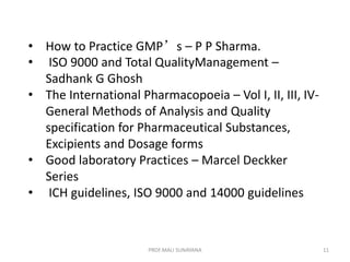 PROF.MALI SUNAYANA 11
• How to Practice GMP’s – P P Sharma.
• ISO 9000 and Total QualityManagement –
Sadhank G Ghosh
• The International Pharmacopoeia – Vol I, II, III, IV-
General Methods of Analysis and Quality
specification for Pharmaceutical Substances,
Excipients and Dosage forms
• Good laboratory Practices – Marcel Deckker
Series
• ICH guidelines, ISO 9000 and 14000 guidelines
 