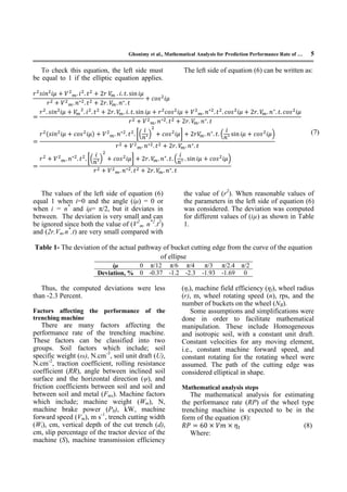 Ghonimy et al., Mathematical Analysis for Prediction Performance Rate of … 5
To check this equation, the left side must
be equal to 1 if the elliptic equation applies.
The left side of equation (6) can be written as:
( ) [( ) ] ( )
[( ) ] ( )
(7)
The values of the left side of equation (6)
equal 1 when i=0 and the angle (iμ) = 0 or
when i = n*
and iμ= π/2, but it deviates in
between. The deviation is very small and can
be ignored since both the value of (V2
m. n*2
.t2
)
and (2r.Vm.n*
.t) are very small compared with
the value of (r2
). When reasonable values of
the parameters in the left side of equation (6)
was considered. The deviation was computed
for different values of (iµ) as shown in Table
1.
Table 1- The deviation of the actual pathway of bucket cutting edge from the curve of the equation
of ellipse
iµ 0 π/12 π/6 π/4 π/3 π/2.4 π/2
Deviation, % 0 -0.37 -1.2 -2.3 -1.93 -1.69 0
Thus, the computed deviations were less
than -2.3 Percent.
Factors affecting the performance of the
trenching machine
There are many factors affecting the
performance rate of the trenching machine.
These factors can be classified into two
groups. Soil factors which include; soil
specific weight (ω), N.cm-3
, soil unit draft (U),
N.cm-2
, traction coefficient, rolling resistance
coefficient (RR), angle between inclined soil
surface and the horizontal direction (ψ), and
friction coefficients between soil and soil and
between soil and metal (Fms). Machine factors
which include; machine weight (Wm), N,
machine brake power (Pb), kW, machine
forward speed (Vm), m s-1
, trench cutting width
(Wt), cm, vertical depth of the cut trench (d),
cm, slip percentage of the tractor device of the
machine (S), machine transmission efficiency
(ηt), machine field efficiency (ηf), wheel radius
(r), m, wheel rotating speed (n), rps, and the
number of buckets on the wheel (NB).
Some assumptions and simplifications were
done in order to facilitate mathematical
manipulation. These include Homogeneous
and isotropic soil, with a constant unit draft.
Constant velocities for any moving element,
i.e., constant machine forward speed, and
constant rotating for the rotating wheel were
assumed. The path of the cutting edge was
considered elliptical in shape.
Mathematical analysis steps
The mathematical analysis for estimating
the performance rate (RP) of the wheel type
trenching machine is expected to be in the
form of the equation (8):
(8)
Where:
 