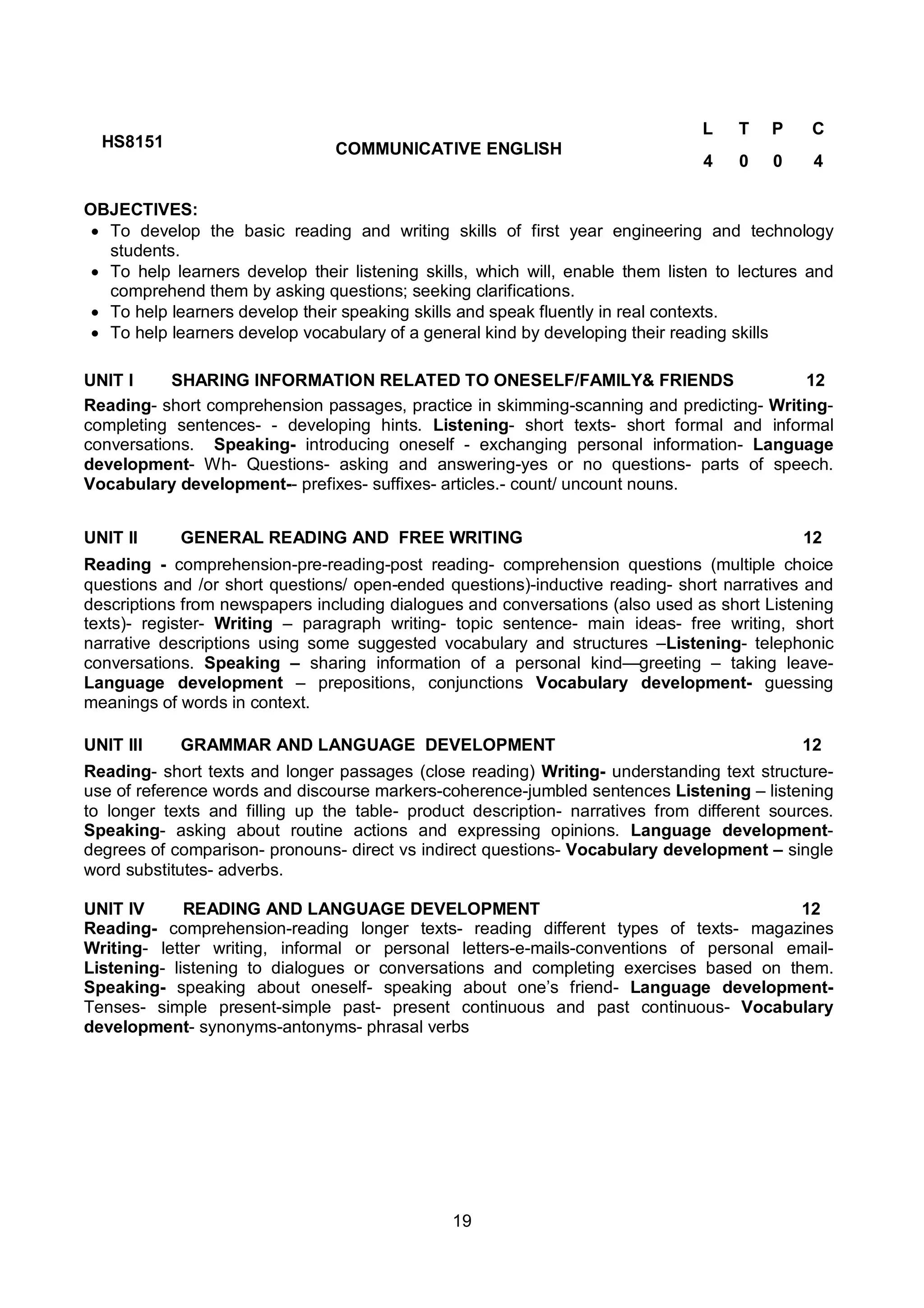 19
HS8151 COMMUNICATIVE ENGLISH
L T P C
4 0 0 4
OBJECTIVES:
 To develop the basic reading and writing skills of first year engineering and technology
students.
 To help learners develop their listening skills, which will, enable them listen to lectures and
comprehend them by asking questions; seeking clarifications.
 To help learners develop their speaking skills and speak fluently in real contexts.
 To help learners develop vocabulary of a general kind by developing their reading skills
UNIT I SHARING INFORMATION RELATED TO ONESELF/FAMILY& FRIENDS 12
Reading- short comprehension passages, practice in skimming-scanning and predicting- Writing-
completing sentences- - developing hints. Listening- short texts- short formal and informal
conversations. Speaking- introducing oneself - exchanging personal information- Language
development- Wh- Questions- asking and answering-yes or no questions- parts of speech.
Vocabulary development-- prefixes- suffixes- articles.- count/ uncount nouns.
UNIT II GENERAL READING AND FREE WRITING 12
Reading - comprehension-pre-reading-post reading- comprehension questions (multiple choice
questions and /or short questions/ open-ended questions)-inductive reading- short narratives and
descriptions from newspapers including dialogues and conversations (also used as short Listening
texts)- register- Writing – paragraph writing- topic sentence- main ideas- free writing, short
narrative descriptions using some suggested vocabulary and structures –Listening- telephonic
conversations. Speaking – sharing information of a personal kind—greeting – taking leave-
Language development – prepositions, conjunctions Vocabulary development- guessing
meanings of words in context.
UNIT III GRAMMAR AND LANGUAGE DEVELOPMENT 12
Reading- short texts and longer passages (close reading) Writing- understanding text structure-
use of reference words and discourse markers-coherence-jumbled sentences Listening – listening
to longer texts and filling up the table- product description- narratives from different sources.
Speaking- asking about routine actions and expressing opinions. Language development-
degrees of comparison- pronouns- direct vs indirect questions- Vocabulary development – single
word substitutes- adverbs.
UNIT IV READING AND LANGUAGE DEVELOPMENT 12
Reading- comprehension-reading longer texts- reading different types of texts- magazines
Writing- letter writing, informal or personal letters-e-mails-conventions of personal email-
Listening- listening to dialogues or conversations and completing exercises based on them.
Speaking- speaking about oneself- speaking about one’s friend- Language development-
Tenses- simple present-simple past- present continuous and past continuous- Vocabulary
development- synonyms-antonyms- phrasal verbs
 