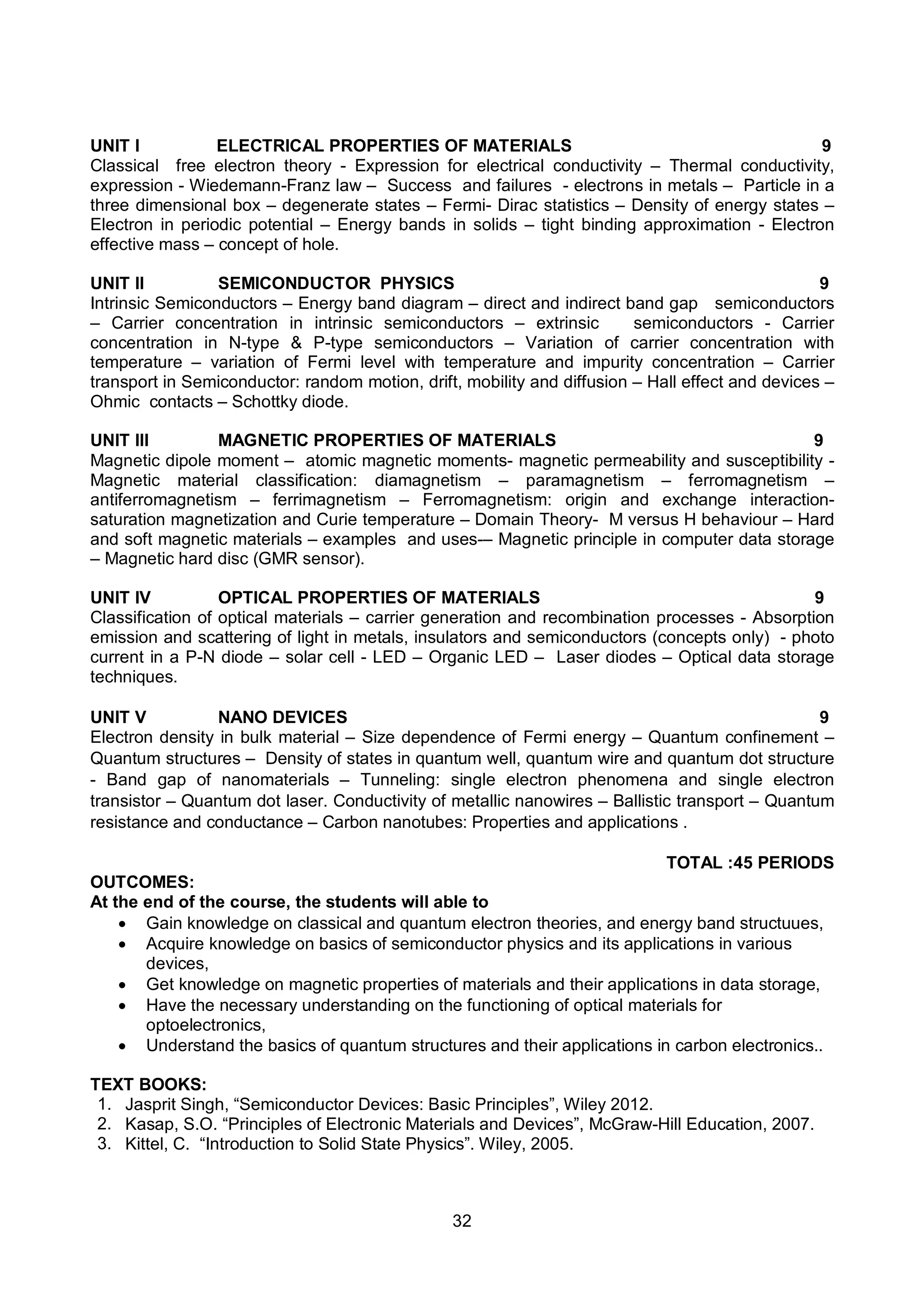 32
UNIT I ELECTRICAL PROPERTIES OF MATERIALS 9
Classical free electron theory - Expression for electrical conductivity – Thermal conductivity,
expression - Wiedemann-Franz law – Success and failures - electrons in metals – Particle in a
three dimensional box – degenerate states – Fermi- Dirac statistics – Density of energy states –
Electron in periodic potential – Energy bands in solids – tight binding approximation - Electron
effective mass – concept of hole.
UNIT II SEMICONDUCTOR PHYSICS 9
Intrinsic Semiconductors – Energy band diagram – direct and indirect band gap semiconductors
– Carrier concentration in intrinsic semiconductors – extrinsic semiconductors - Carrier
concentration in N-type & P-type semiconductors – Variation of carrier concentration with
temperature – variation of Fermi level with temperature and impurity concentration – Carrier
transport in Semiconductor: random motion, drift, mobility and diffusion – Hall effect and devices –
Ohmic contacts – Schottky diode.
UNIT III MAGNETIC PROPERTIES OF MATERIALS 9
Magnetic dipole moment – atomic magnetic moments- magnetic permeability and susceptibility -
Magnetic material classification: diamagnetism – paramagnetism – ferromagnetism –
antiferromagnetism – ferrimagnetism – Ferromagnetism: origin and exchange interaction-
saturation magnetization and Curie temperature – Domain Theory- M versus H behaviour – Hard
and soft magnetic materials – examples and uses-– Magnetic principle in computer data storage
– Magnetic hard disc (GMR sensor).
UNIT IV OPTICAL PROPERTIES OF MATERIALS 9
Classification of optical materials – carrier generation and recombination processes - Absorption
emission and scattering of light in metals, insulators and semiconductors (concepts only) - photo
current in a P-N diode – solar cell - LED – Organic LED – Laser diodes – Optical data storage
techniques.
UNIT V NANO DEVICES 9
Electron density in bulk material – Size dependence of Fermi energy – Quantum confinement –
Quantum structures – Density of states in quantum well, quantum wire and quantum dot structure
- Band gap of nanomaterials – Tunneling: single electron phenomena and single electron
transistor – Quantum dot laser. Conductivity of metallic nanowires – Ballistic transport – Quantum
resistance and conductance – Carbon nanotubes: Properties and applications .
TOTAL :45 PERIODS
OUTCOMES:
At the end of the course, the students will able to
 Gain knowledge on classical and quantum electron theories, and energy band structuues,
 Acquire knowledge on basics of semiconductor physics and its applications in various
devices,
 Get knowledge on magnetic properties of materials and their applications in data storage,
 Have the necessary understanding on the functioning of optical materials for
optoelectronics,
 Understand the basics of quantum structures and their applications in carbon electronics..
TEXT BOOKS:
1. Jasprit Singh, “Semiconductor Devices: Basic Principles”, Wiley 2012.
2. Kasap, S.O. “Principles of Electronic Materials and Devices”, McGraw-Hill Education, 2007.
3. Kittel, C. “Introduction to Solid State Physics”. Wiley, 2005.
 