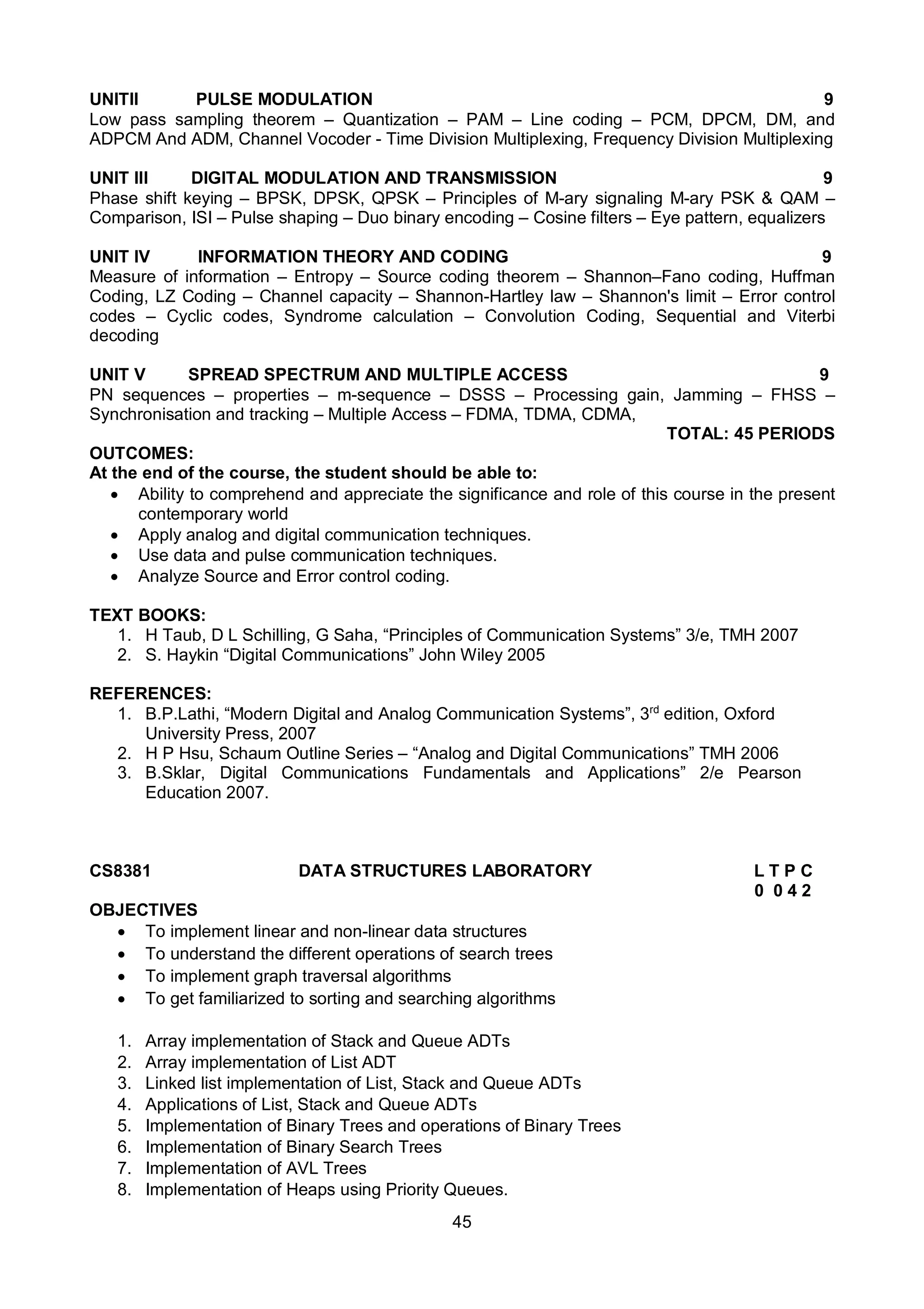 45
UNITII PULSE MODULATION 9
Low pass sampling theorem – Quantization – PAM – Line coding – PCM, DPCM, DM, and
ADPCM And ADM, Channel Vocoder - Time Division Multiplexing, Frequency Division Multiplexing
UNIT III DIGITAL MODULATION AND TRANSMISSION 9
Phase shift keying – BPSK, DPSK, QPSK – Principles of M-ary signaling M-ary PSK & QAM –
Comparison, ISI – Pulse shaping – Duo binary encoding – Cosine filters – Eye pattern, equalizers
UNIT IV INFORMATION THEORY AND CODING 9
Measure of information – Entropy – Source coding theorem – Shannon–Fano coding, Huffman
Coding, LZ Coding – Channel capacity – Shannon-Hartley law – Shannon's limit – Error control
codes – Cyclic codes, Syndrome calculation – Convolution Coding, Sequential and Viterbi
decoding
UNIT V SPREAD SPECTRUM AND MULTIPLE ACCESS 9
PN sequences – properties – m-sequence – DSSS – Processing gain, Jamming – FHSS –
Synchronisation and tracking – Multiple Access – FDMA, TDMA, CDMA,
TOTAL: 45 PERIODS
OUTCOMES:
At the end of the course, the student should be able to:
 Ability to comprehend and appreciate the significance and role of this course in the present
contemporary world
 Apply analog and digital communication techniques.
 Use data and pulse communication techniques.
 Analyze Source and Error control coding.
TEXT BOOKS:
1. H Taub, D L Schilling, G Saha, “Principles of Communication Systems” 3/e, TMH 2007
2. S. Haykin “Digital Communications” John Wiley 2005
REFERENCES:
1. B.P.Lathi, “Modern Digital and Analog Communication Systems”, 3rd
edition, Oxford
University Press, 2007
2. H P Hsu, Schaum Outline Series – “Analog and Digital Communications” TMH 2006
3. B.Sklar, Digital Communications Fundamentals and Applications” 2/e Pearson
Education 2007.
CS8381 DATA STRUCTURES LABORATORY L T P C
0 0 4 2
OBJECTIVES
 To implement linear and non-linear data structures
 To understand the different operations of search trees
 To implement graph traversal algorithms
 To get familiarized to sorting and searching algorithms
1. Array implementation of Stack and Queue ADTs
2. Array implementation of List ADT
3. Linked list implementation of List, Stack and Queue ADTs
4. Applications of List, Stack and Queue ADTs
5. Implementation of Binary Trees and operations of Binary Trees
6. Implementation of Binary Search Trees
7. Implementation of AVL Trees
8. Implementation of Heaps using Priority Queues.
 