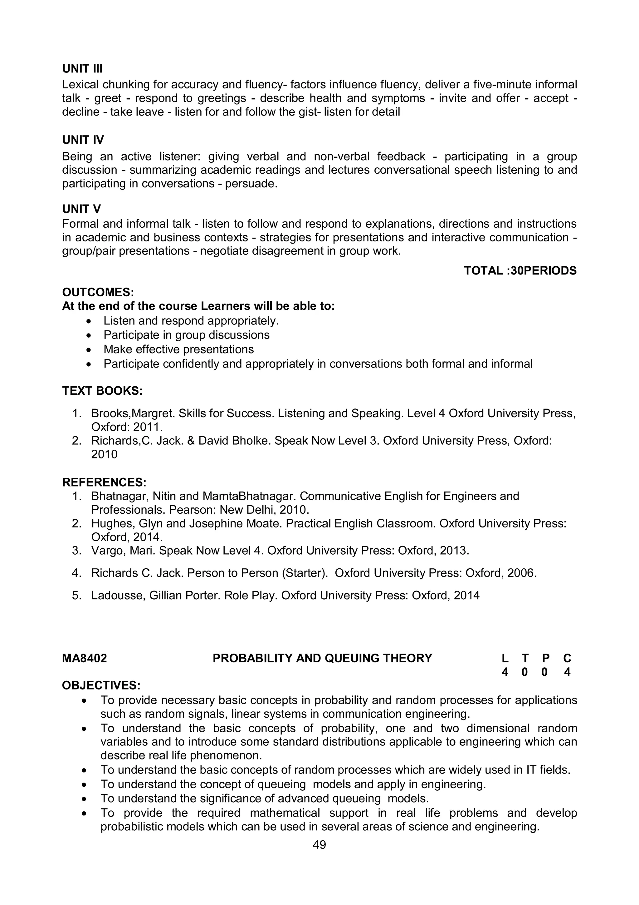 49
UNIT III
Lexical chunking for accuracy and fluency- factors influence fluency, deliver a five-minute informal
talk - greet - respond to greetings - describe health and symptoms - invite and offer - accept -
decline - take leave - listen for and follow the gist- listen for detail
UNIT IV
Being an active listener: giving verbal and non-verbal feedback - participating in a group
discussion - summarizing academic readings and lectures conversational speech listening to and
participating in conversations - persuade.
UNIT V
Formal and informal talk - listen to follow and respond to explanations, directions and instructions
in academic and business contexts - strategies for presentations and interactive communication -
group/pair presentations - negotiate disagreement in group work.
TOTAL :30PERIODS
OUTCOMES:
At the end of the course Learners will be able to:
 Listen and respond appropriately.
 Participate in group discussions
 Make effective presentations
 Participate confidently and appropriately in conversations both formal and informal
TEXT BOOKS:
1. Brooks,Margret. Skills for Success. Listening and Speaking. Level 4 Oxford University Press,
Oxford: 2011.
2. Richards,C. Jack. & David Bholke. Speak Now Level 3. Oxford University Press, Oxford:
2010
REFERENCES:
1. Bhatnagar, Nitin and MamtaBhatnagar. Communicative English for Engineers and
Professionals. Pearson: New Delhi, 2010.
2. Hughes, Glyn and Josephine Moate. Practical English Classroom. Oxford University Press:
Oxford, 2014.
3. Vargo, Mari. Speak Now Level 4. Oxford University Press: Oxford, 2013.
4. Richards C. Jack. Person to Person (Starter). Oxford University Press: Oxford, 2006.
5. Ladousse, Gillian Porter. Role Play. Oxford University Press: Oxford, 2014
MA8402 PROBABILITY AND QUEUING THEORY L T P C
4 0 0 4
OBJECTIVES:
 To provide necessary basic concepts in probability and random processes for applications
such as random signals, linear systems in communication engineering.
 To understand the basic concepts of probability, one and two dimensional random
variables and to introduce some standard distributions applicable to engineering which can
describe real life phenomenon.
 To understand the basic concepts of random processes which are widely used in IT fields.
 To understand the concept of queueing models and apply in engineering.
 To understand the significance of advanced queueing models.
 To provide the required mathematical support in real life problems and develop
probabilistic models which can be used in several areas of science and engineering.
 