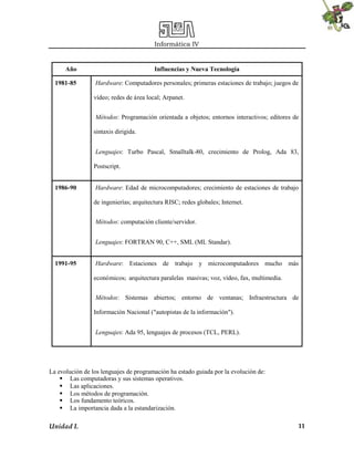 Informática IV
Unidad I. 11
Año Influencias y Nueva Tecnología
1981-85 Hardware: Computadores personales; primeras estaciones de trabajo; juegos de
vídeo; redes de área local; Arpanet.
Métodos: Programación orientada a objetos; entornos interactivos; editores de
sintaxis dirigida.
Lenguajes: Turbo Pascal, Smalltalk-80, crecimiento de Prolog, Ada 83,
Postscript.
1986-90 Hardware: Edad de microcomputadores; crecimiento de estaciones de trabajo
de ingenierías; arquitectura RISC; redes globales; Internet.
Métodos: computación cliente/servidor.
Lenguajes: FORTRAN 90, C++, SML (ML Standar).
1991-95 Hardware: Estaciones de trabajo y microcomputadores mucho más
económicos; arquitectura paralelas masivas; voz, vídeo, fax, multimedia.
Métodos: Sistemas abiertos; entorno de ventanas; Infraestructura de
Información Nacional ("autopistas de la información").
Lenguajes: Ada 95, lenguajes de procesos (TCL, PERL).
La evolución de los lenguajes de programación ha estado guiada por la evolución de:
 Las computadoras y sus sistemas operativos.
 Las aplicaciones.
 Los métodos de programación.
 Los fundamento teóricos.
 La importancia dada a la estandarización.
 