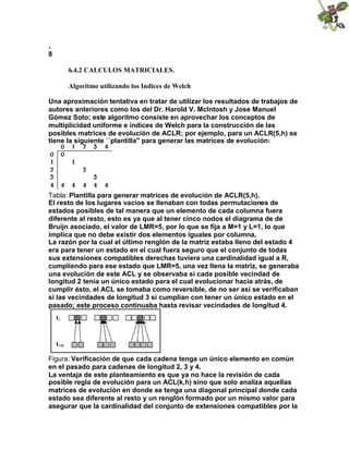 .
8
6.4.2 CALCULOS MATRICIALES.
Algoritmo utilizando los Indices de Welch
Una aproximación tentativa en tratar de utilizar los resultados de trabajos de
autores anteriores como los del Dr. Harold V. McIntosh y Jose Manuel
Gómez Soto; este algoritmo consiste en aprovechar los conceptos de
multiplicidad uniforme e índices de Welch para la construcción de las
posibles matrices de evolución de ACLR; por ejemplo, para un ACLR(5,h) se
tiene la siguiente ``plantilla'' para generar las matrices de evolución:
Tabla: Plantilla para generar matrices de evolución de ACLR(5,h).
El resto de los lugares vacíos se llenaban con todas permutaciones de
estados posibles de tal manera que un elemento de cada columna fuera
diferente al resto, esto es ya que al tener cinco nodos el diagrama de de
Bruijn asociado, el valor de LMR=5, por lo que se fija a M=1 y L=1, lo que
implica que no debe existir dos elementos iguales por columna.
La razón por la cual el último renglón de la matriz estaba lleno del estado 4
era para tener un estado en el cual fuera seguro que el conjunto de todas
sus extensiones compatibles derechas tuviera una cardinalidad igual a R,
cumpliendo para ese estado que LMR=5, una vez llena la matriz, se generaba
una evolución de este ACL y se observaba si cada posible vecindad de
longitud 2 tenía un único estado para el cual evolucionar hacia atrás, de
cumplir ésto, el ACL se tomaba como reversible, de no ser así se verificaban
si las vecindades de longitud 3 si cumplían con tener un único estado en el
pasado; este proceso continuaba hasta revisar vecindades de longitud 4.
Figura: Verificación de que cada cadena tenga un único elemento en común
en el pasado para cadenas de longitud 2, 3 y 4.
La ventaja de este planteamiento es que ya no hace la revisión de cada
posible regla de evolución para un ACL(k,h) sino que solo analiza aquellas
matrices de evolución en donde se tenga una diagonal principal donde cada
estado sea diferente al resto y un renglón formado por un mismo valor para
asegurar que la cardinalidad del conjunto de extensiones compatibles por la
 