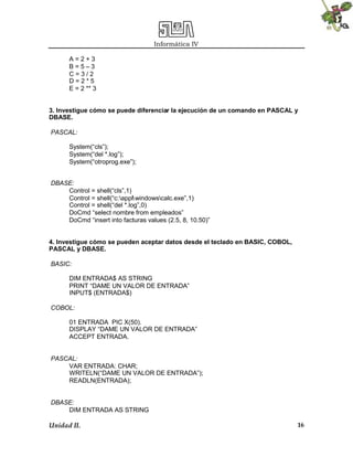 Informática IV
Unidad II. 16
A = 2 + 3
B = 5 – 3
C = 3 / 2
D = 2 * 5
E = 2 ** 3
3. lnvestigue cómo se puede diferenciar la ejecución de un comando en PASCAL y
DBASE.
PASCAL:
System(“cls”);
System(“del *.log”);
System(“otroprog.exe”);
DBASE:
Control = shell(“cls”,1)
Control = shell(“c:applwindowscalc.exe”,1)
Control = shell(“del *.log”,0)
DoCmd “select nombre from empleados”
DoCmd “insert into facturas values (2.5, 8, 10.50)”
4. lnvestigue cómo se pueden aceptar datos desde el teclado en BASIC, COBOL,
PASCAL y DBASE.
BASIC:
DIM ENTRADA$ AS STRING
PRINT “DAME UN VALOR DE ENTRADA”
INPUT$ (ENTRADA$)
COBOL:
01 ENTRADA PIC X(50).
DISPLAY “DAME UN VALOR DE ENTRADA”
ACCEPT ENTRADA.
PASCAL:
VAR ENTRADA: CHAR;
WRITELN(“DAME UN VALOR DE ENTRADA”);
READLN(ENTRADA);
DBASE:
DIM ENTRADA AS STRING
 