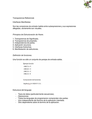 Transparencia Referencial.
Interfaces Manifiestas:
Son las conexiones de entrada /salida entre subexpresiones y sus expresiones
allegadas, obviamente son visuales.
Principios de Estructuración de Hoare.
1. Transparencia de Significado.
2. Transparencia de propósito.
3. Independencia de partes.
4. Aplicación recursiva.
5. Interfaces Estrechas.
6. Manifestación de estructuras.
Definición de funciones.
Una función es sólo un conjunto de parejas de entrada-salida.
Estructura del lenguaje:
- Tipos de datos (particularmente secuencias).
- 
Operaciones
- Todos los lenguajes de programacion comprenden dos partes:
- Uno independiente del dominio de la aplicación intentada.
- Otro dependiente sobre el dominio de la aplicación.
 