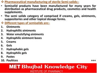  Pharmaceutical manufacturing of sterile Semi-solids:-
• Semisolid products have been manufactured for many years for
distribution as pharmaceutical drug products, cosmetics and health
supplements.
• The semi solids category of comprised if creams, gels, ointments,
suppositories and other topical dosage forms.
 Different types of semisolids are:-
1. Ointments
2. Hydrophillic ointments
3. Water emulsifying ointments
4. Hydrophilic ointment bases
5. Creams
6. Gels
7. Hydrophobic gels
8. Hydrophilic gels
9. Pastes
10. Paultices +++
 