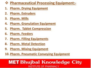  Pharmaceutical Processing Equipment:-
1. Pharm. Drying Equipment
2. Pharm. Extruders
3. Pharm. Mills
4. Pharm. Granulation Equipment
5. Pharm. Tablet Compression
6. Pharm. Feeders
7. Pharm. Filling Equipments
8. Pharm. Metal Detection
9. Pharm. Mixing Equipment
10. Pharm. Pneumatic Conveying Equipment
 
