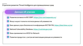 12
Стратегия развития Threat Intelligence для промышленных сред
Данные об угрозах
Развитие активности ISC CERT, https://ics-cert.kaspersky.ru/
Фокус на рост полноты потоков данных об уязвимостях
Банк данных угроз безопасности информации ФСТЭК РФ, https://bdu.fstec.ru/vul
National Vulnerability Database, https://nvd.nist.gov/vuln
Базы приземляются в KICS for Network
Развитие продуктов с учетом автоматизации реакции на уязвимости
 