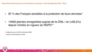 Étude 2020 / Les impacts de la pandémie
sur la communication numérique du secteur public
• 87 % des Français sensibles à la protection de leurs données*
• 14000 plaintes enregistrées auprès de la CNIL / an (+62,5%)
depuis l’entrée en vigueur du RGPD**
* sondage Ifop pour la CNIL de décembre 2020
** rapport d’activité 2020 de la CNIL
Rencontres nationales de la communication numérique • 29 et 30 septembre 2021 • Paris
 